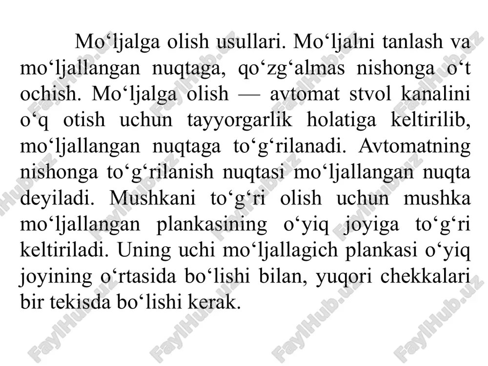 n o‘tishi lozim. 300 metrgacha bo‘lgan masofaga avtomatdan o‘t ochishda, mo‘ljallagichni otish qoidasiga asosan, 3 raqamli yoki «ï» harfiga o‘rnatish shart. mo‘ljallanayotgan nishonning pastki qismiga yoki bo‘lmasa o‘rtasiga mo‘ljallash kerak bo‘ladi. masalan, avtomatdan 100 metr masofadagi ko‘krak shaklidagi nishonlarga o‘q otishda, mo‘ljallanadigan nuqtasini, nishonni past qismiga qaratib, mo‘ljallagichni «ï» harfiga qo‘yib, o‘t ochish lozim bo‘ladi. bu holatda traektoriyaning ortib borishi mo‘ljallash chizig‘idan uzoqligi 25 sm.ga tengdir. bu esa, nishon markazidan o‘tadigan traektoriyaga mos tushadi. nishon «p». 1-mashq. nishon - qora doirali «p» nishoni - o'qlar soni - 3 ta o'rganish uchun, 5 ta sinov uchun; - otish vaqti - chegaralanmagan; - otish vaqtidagi holat - turib stolga tirsakni tiragan holatda; baholash: «a'lo» - qora doiraga 4 ta tekkizilganda; «yaxshi» - qora doiraga 3 ta tekkizilganda; «qoniqarli» - qora doiraga 2 ta tekkizilganda. 8 raqamli nishon 2 mashk - o'qlar soni - 3 ta o'rganish uchun, 5 ta sinov uchun; - …