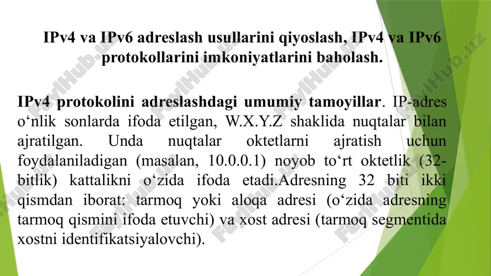 aylik. bunda 124.tarmoq adresini ifoda etadi, adres oxiridagi 0.0.1 esa, ushbu tarmoqdagi birinchi xostni anglatadi. «a» sinfi adreslari yordamida, har bir tarmoqda faqatgina 16 777 214 (224-2) ta xostlarni ifoda etish mumkin. 4 «b» sinf adreslari. «b» sinf tarmoqlari adresning katta bitlarida 1 va 0 qiymatlar bilan belgilanadi. adresdagi birinchi ikkita oktet (0 dan 15 ga qadar bitlar) tarmoq adreslarini ifoda etish uchun xizmat qiladi, qolgan ikkita oktet esa, ushbu tarmoqlardagi xostlar raqamlarini ifoda etadi. natijada biz 65534ta xostlarning har biridan 16384ta tarmoqlar adreslariga ega bo‘lamiz. misol uchun, «b» sinfi adresidagi 172.16.0.1, tarmoq adresi - 172.16, xost raqami -0.1. «c» sinf adreslari. «c» sinf tarmoqlari adresdagi katta bitlar 1, 1 va 0 qiymatlari bilan aniqlanadi. birinchi uchta oktet (bitlar 0 dan 23 ga qadar) tarmoqlar raqamlarini ifoda etish uchun foydalaniladi, so‘nggi oktet esa (bitlar 24 dan 31 ga qadar) tarmoqdagi xostlar raqamini o‘zida ifoda etadi. shunday qilib, 2 097 152 …
