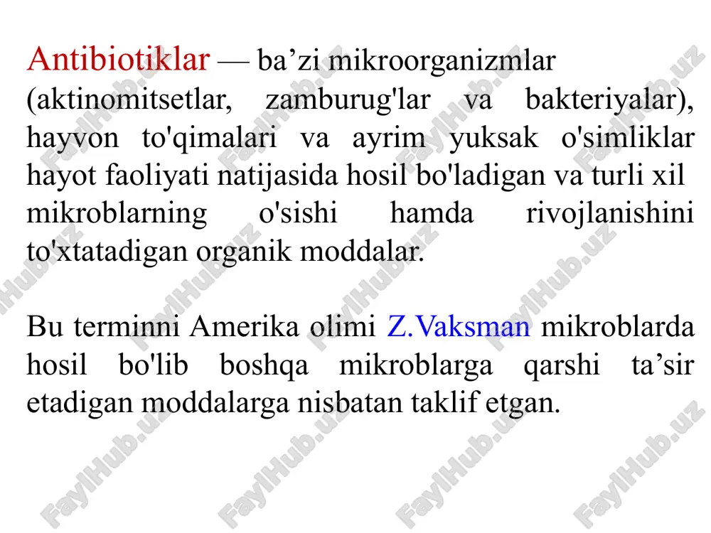 itsillin) va sefasporin (sefazonin, sefalaridin, kefzol, klofaran va boshqalar). 2. tetratsiklin va uning yarim sun’iy hosilalari: oksitetritsiklin, xlortetratsiklin, morfotsiklin, metatsiklin, dioksitsiklin, vibromitsin. bular har xil radikallar tutuvchi to'rtta benzol halqadan tashkil topgan. 3. a m in o g lik o z id la r - strep to m itsin g u ru h i va d ez o k sistre p ta m in tutuvchi am inoglikozid antibiotiklar. streptom itsin g uruhiga streptom itsin su lfat h am da strep tid in , strep to zlar va n - m etilg ly u k o zam in d an tashkil topgan uning hosilalari kiradi. d ezoksistreptam in tutuvchi am inoglikozid antibiotiklarga: neom itsin, m onom itsin, kanam itsin, am ikatsin, pentam itsin, to b ram itsin v a b o sh q alar kiradi. 4. m akrolidlar — m akrotsiklik lakton halqa tutuvchi b irikm alar (eritrom itsin, o leandom …