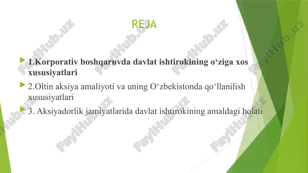 rqali mulkdor sifatida ishtiroki kun tartibiga chiqadi. * aksiyadorlik jamiyati ovoz beruvchi aksiyalariga to‘liq egalik qilish. shuningdek faqat davlat tomonidan ustav kapitalini to‘liq shakllantirish amaliyoti asosida ham davlatning korporativ boshqa- ruvdagi ishtiroki kuzatiladi. bunda davlat aksiyadorlik jamiyatida yagona aksiyador sifatida faoliyat yuritadi va yakka tartibda qarorlar qabul qiladi. mazkur amaliyot mamlakatimizdagi aksiyadorlik jami yatlarida ham kuzatiladi; * aksiyadorlik jamiyatlari aksiyalar nazorat paketiga egalik qilish. mazkur holatda davlat yirik aksiyador sifatida maydonga chiqadi va birinchi navbatda davlat manfaatlarini ko‘zlab faoliyat yuritadi. ya’ni boshqa aksiyadorlarning qarorlar qabul qilishga ta’siri nisbatan past bo‘ladi; * aksiyadorlik jamiyati ustav kapitalida ma’lum bir ulushga egalik qilish. bunda davlat o‘z egaligidagi aksiyalarning ustav kapitalidagi ulushiga mos tarzda ovoz berish orqali korporativ boshqaruvda ishtirok etadi. agarda aksiyalar ulushi asosida kuzatuv kengashi yoki taftish komissiyasi a’zolarini ko‘rsatish vakolatiga ega bo‘lsa aksiyadorlarning yillik umumiy yig‘ilishida kuzatuv kengashiga yoki taftish komissiyasiga o‘z nomzodlarini taqdim etadi va kumulyativ ovoz berishda ishtirok etadi; …