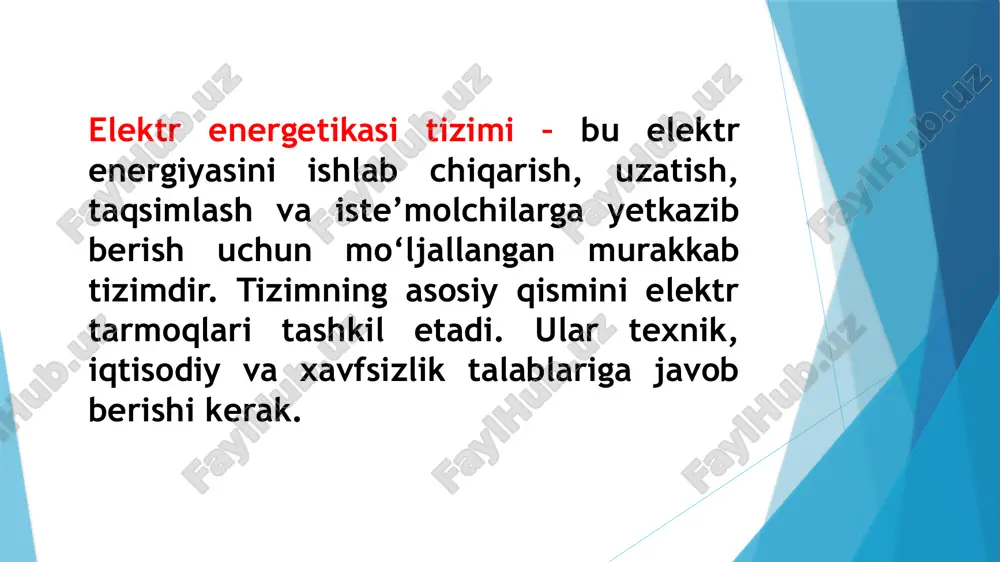 tishini kamaytirish uchun zamonaviy texnologiyalardan foydalanish. yurishuvchanlik va boshqaruv: elektr tarmoqlari va tizimlari yordamida zarur yuklamani boshqarish va tarmoqqa qoʻshish/oʻchirishni nazorat qilish. tarmoq holati haqida maʼlumot toʻplash va tahlil qilish imkoniyatini berish. ishonchlilik talablari - elektr energiyasi uzilishsiz yetkazilishi kerak. - zaxira quvvat manbalari mavjud bo‘lishi lozim. - avariya holatlarida tizim tez tiklanishi zarur. - avtomatik himoya, signalizatsiya va dispetcherlik tizimlari ishlashi shart elektr energiyasi sifat talablari- kuchlanishning og‘ishi ±5% dan oshmasligi kerak. - chastota 50 hz ±0,2 hz bo‘lishi kerak. - garmonik buzilishlar me’yorda bo‘lishi zarur. - uzilishlar va kuchlanish tebranishlari minimal bo‘lishi kerak. elektr xavfsizligi talablari - yerga ulash (zazemleniye) va nol sim orqali himoya tizimi bo‘lishi kerak. - izolyatsiya holati ishonchli saqlanishi zarur. - avariya holatlarida avtomatik o‘chirish qurilmalari tez ishlashi shart. - elektr jihozlari pue, o‘zdst va gost talablariga mos bo‘lishi lozim. energiya samaradorligi talablri - quvvat yo‘qotishlarini kamaytirish zarur. - o‘tkazgich kesimi to‘g‘ri tanlanishi kerak. …