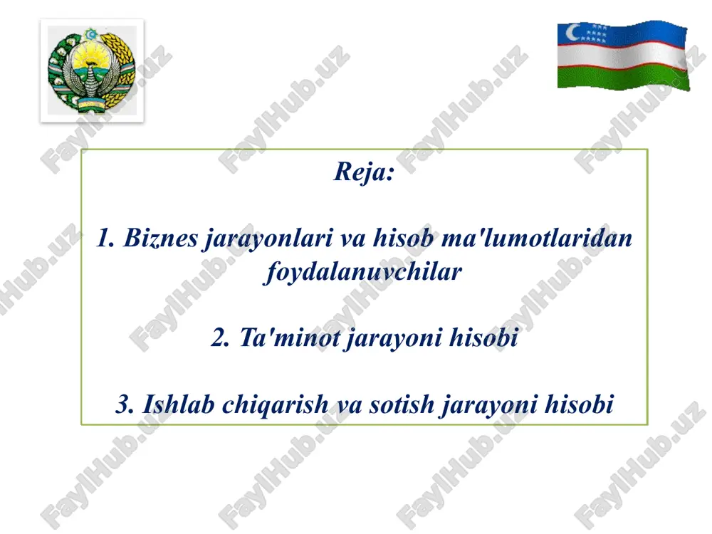 beruvchilardan materiallar sotib olindi-2000,0 materiallarni olib kelishdagi transport xarajatlari – 500,0 materiallarni tashish xarajatlari – 300,0 ta'minot jarayoni bo'yicha jami xarajatlar: 2000, 0 + 500,0 + 300,0 = 2800,0 2. ta'minot jarayoni hisobi 2. ta'minot jarayoni hisobi 2. buxgalteriya hisobi schyotlari va uning tuzilishi ishlab chiqarish jarayonida – mehnat buyumlariga kishilar mehnati qurollari bilan ta'sir qilib, mehnat buyumlarining shakli va ko'rinishlarini o'zgartiradi. 3. ishlab chiqarish va sotish jarayoni hisobi ishlab chiqarish jarayoni bu jarayonda mahsulot ishlab chiqarish uchun korxona tomonidan bir qator xarajatlar amalga oshiriladi. bu xarajatlar javobgarlik markazlari tomonidan nazorat qilib boriladi. mahsulot ishlab chiqarish uchun sarflangan xom-ashyo xarajatlari mahsulot ishlab chiqarish uchun mehnat haqi xarajatlari mahsulot ishlab chiqarish uchun ish haqidan ajratmalar mahsulot ishlab chiqarishdagi amortizatsiya xarajatlari boshqa xarajatlar 3. ishlab chiqarish va sotish jarayoni hisobi ishlab chiqarish jarayoni amaliy vaziyat: 1 tonna qazib olingan toshko'mirning tannarxini aniqlash. jami 10000 tonna kshmir qazib olingan. ko'mir qazib olishdagi ishchi …