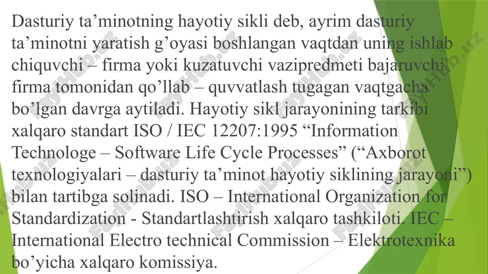 shini shakllantiriladi, matematik shaklga keltirish apparati tanlanadi, predmet sohasining modeli quriladi, kichik topshiriqlar aniqlanadi va ularni hal etish usullari tanlanadi yoki ishlab chiqiladi. xususiyatlarning qismi loyihalashtirishdan oldingi tekshirishlar jarayonida aniqlanishi mumkin va mos ravishda texnik topshiriqda qayd etiladi. loyihalashtirish. ushbu bosqichning asosiy vazifalari bo’lib, ishlab chiqilayotgan dasturiy ta’minotning batafsil xususiyatlarini aniqlash hisoblanadi. murakkab dasturiy ta’minotni loyihalash jarayoni, odatda, quyidagilarni o’z ichiga oladi: umumiy tuzilmani loyihalash – asosiy komponentlarni va ularning o’zaro aloqalarini aniqlash; komponentlarni dekompozitsiyalash va blok – iyerarxiyali yondashuv tavsiyalariga muvofiq tuzilmaviy iyerarxiyaning tuzilishi; komponentlarni loyihalashtirish. loyihalashtirishning natijasi bo’lib, ishlab chiqilayotgan dasturiy ta’minot, uning barcha turdagi darajalar komponentlari bilan birgalikdagi batafsil modeli hisoblanadi. amalga oshirish. tanlangan dasturlar kodining bosqichma – bosqich yozilish (kodlash), ularni testlash va tuzatib olish jarayoni amalga oshirishdir. birga qo’shish. yangi versiya dasturiy ta’minotning yaratish va tadbiq qilish jarayonini birga qo’shishdir. yangi versiyalarni chiqarish sabablari quyidagilar hisoblanadi: oldingi versiyalarni ekspluatatsiya qilish jarayonida aniqlangan xatolarni tuzatish zarurligi; …