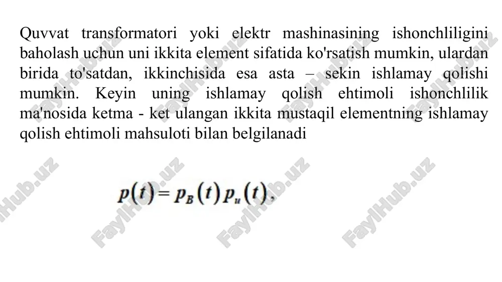 shlash ehtimoli 0,8 bilan izolyatsiyaning issiqlik va titroq eskirishi dinamikasi: 1 tipdagi tm 1,0÷6,3 mva; trdtsn 63000/110; tdtsn 80000/110; 2-tip. trdn 10; 16; 40; 63 mva; trdtsn 63000/220; 3-tip. trdn 25000/110; 4-tip trdtsn 80000/110. demak, quvvat transformatorining ishonchlilik darajasini aniqlashda yukning tabiati va atrof-muhit ta'sirini hisobga olish kerak. tarmoqda yuzaga keladigan elektr energiyasining (ce) sifatining buzilishi ees elementlarining izolyatsiyasiga salbiy issiqlik, elektr va mexanik ta'sirlarning kuchayishiga olib kelishi mumkin. issiqlik ta'sirining sababi elektr jihozlari ichidagi elektr energiyasining yo'qolishi. tbe buzilishi yo'qotishlarning ko'payishiga va shuning uchun issiqlik ta'sirining kuchayishiga olib keladi shuni ta'kidlash kerakki, elektr energiyasi sifati past bo’lganidan qo'shimcha yo'qotishlar kuchi butun quvvat transformatorini yoki elektr mashinasini emas, balki normal sharoitda termal stressli bo'lgan alohida nuqtalarni isitadi. aynan shu nuqtalarda izolyatsiyada tezlashtirilgan qarish sodir bo'ladi. izolyatsiyaning xizmat qilish muddatini qisqartirish orqali ie buzilishi elektr energiyasi tizimining elementlarining o'rtacha ish vaqtiga va shuning uchun qolgan ishonchlilik ko'rsatkichlariga ta'sir qiladi. elementning ishdan …