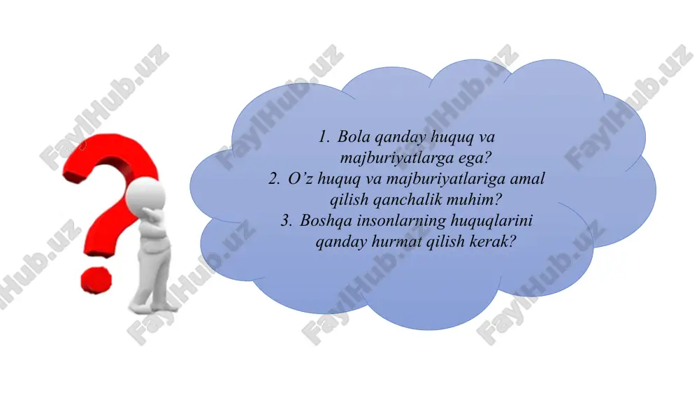 majburiyatlari belgilangan. har bir inson bajarishi zarur bo’lgan majburiyatlar bor. ularga bolalar ham, kattalar ham birdek amal qilishi shart. har bir jamiyatda qonunlar mavjud. qonun – bu odamlar, tashkilotlar, davlat va boshqa davlatlar o’rtasidagi munosabatlarni belgilaydigan xulq-atvor qoidalari yoki normalari to’plami. davlatning asosiy qonuni konstitutsiya deb ataladi. mamlakatimizda huquq va majburiyatlar konstitutsiyada belgilab qo’yilgan. davlatimiz konstitutsiyasi 1992-yil 8-dekabrda qabul qilingan. konstitutsiya qonun huquq va majburiyatlar bir-biri bilan chambarchas bog’liq bo’lib, ular bir-biridan ajratilmaydi. huquqlardan majburiyatlarni anglagan holda foydalanish mumkin. odamlar o’z majburiyatlarini bajara olmasalar, barcha huquqlar o’z ma’nosini yo’qotadi. davlat huquqlarga amal qilinishini ta’minlaydi. barcha fuqarolar davlat qonunlariga bo’ysunishlari va har doim davlatni himoya qilishga tayyor turishlari shart. uyga vazifa: mavzu bo’yicha berilgan topshiriqlarni bajaring. e’tiboringiz uchun rahmat!!! image1.jpg image2.png image3.png image4.png image5.png image6.png image7.png image8.png image9.png image10.jpeg image11.png image12.png image13.jpeg image14.png image15.png image16.jpeg image17.jpeg image18.png image19.jpg image20.jpeg /docprops/thumbnail.jpeg