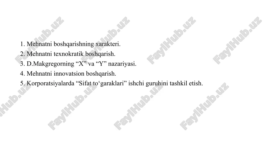 larini muvofiqlashtirishi kerak. mehnatni boshqarishning xarakteri, uning usuli va vositalari doimiy bo‘lib qololmaydi. pirovardida ular ishlab chiqarishning o‘zi rivojlanganligi darajasi va uning ijtimoiy shakli bilan belgilanadi. g'arbiy adabiyotlarda mehnatni boshqarishning rivojlanish bosqichlarini xx asr menejmenti nazariyachilari f.teylor, e.meyo, r.likert va boshqalarning ishlari bilan bog‘laydilar. ba’zi bir tadqiqotchilar iqtisodiy o‘sish sanoatlashganiga qadar, sanoatlashgan va ilmiy- texnik variantlariga mos keluvchi mehnatni boshqarishning hunarmandchilik, texnokratik va innovatsion turlarini ajratishnitaklif qiladilar. bunday davrlarga ajratish jiddiy asoslarga egadir. mashinali ishlab chiqarishga o’tish bilan mehnatni umumlashtirish shakllarida sifatiy o‘zgarishlar sodir bolgan. mehnatni texnokratik boshqarish shakllangan. u mehnatni ko‘proq taqsimlash va xodimlarni ixtisoslashtirish, ijrochilik mehnatini tashkiliydan boshqaruv mehnatini ajratish bilan ayirish, iqtisodiy majbur qilishning qat’iy shakllarini moljallash tamoyillariga asoslanadi. evolyutsiyaning borishida bu tur texnik taraqqiyot, mehnat munosabatlari tizimidagi ilgari siljishlar, davlat siyosati, olimlar va ishlab chiqarish tashkilotchilarining izlanishlari ta’siri ostida katta o‘zgarishlarga duchor bolgan. dastavval xodimlar xizmatlarni faqat ishga yollash masalalari bilan, 20-yillardan boshlab esa mehnatni tashkil …