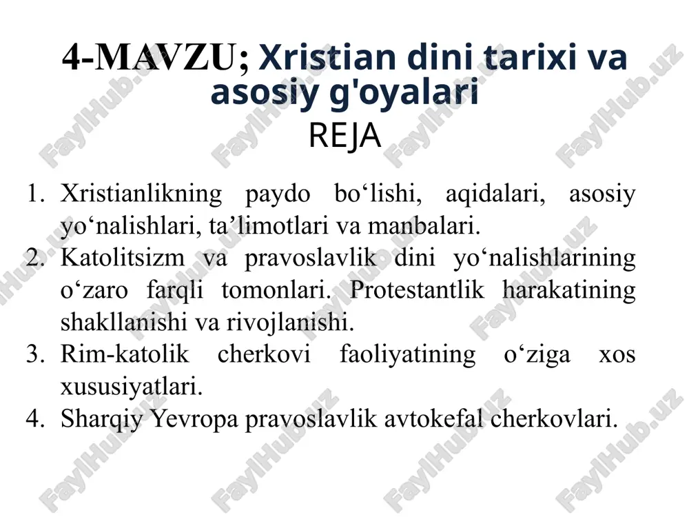 mida yashovchi yahudiylar oʻrtasida paydo boʻlgan. sharq dinlariga xos ayrim tasavvurlar ham unda oʻz ifodasini topgan. xristian jamoalarining ijtimoiy tarkibi vaqt utishi bilan ruhoniylar va oddiy jamoa aʼzolariga boʻlingan. ayrim-ayrim jamoalar oʻrtasidagi aloqalarning mustahkamlanishi yepiskop boshliq cherkovining tarkib topishiga olib keldi. cherkov katta boylik toʻplab, siyosiy kuchga aylanib borgan. dastlab xristianlarni taʼqib etgan rim imperatorlari keyinchalik xristian tarafdorlari boʻlishdi. iv asrda xristianlik rim imperiyasida mavjud ijtimoiy tuzum va uning tartiblarini himoya qiluvchi davlat diniga aylandi. rim imperiyasining gʻarbiy va sharqiy qismidagi oʻziga xos tarixiy taraqqiyot xristian cherkovini ikkiga: katolik (imperiyaning gʻarbiy qismi) va pravoslav (sharqiy qismi) boʻlinishiga olib keldi. xristianlikning bu boʻlinishi 1054-yilda rasman eʼtirof etilgan boʻlsada, biroq bu jarayon xiii asrning boshlarida tugallangan. xvi asrda reformatsiya natijasida yevropadagi qator cherkovlar katolikdan ajralib chiqib, xristianlikning uchinchi asosiy oqimi — protestantizm yuzaga keldi. 19-asrning oxirida xristian cherkovlarining missionerlik faoliyati kuchaydi! xristianlik dini buddaviylik va islom dinlari qatorida jahon dini hisoblanadi. bu …