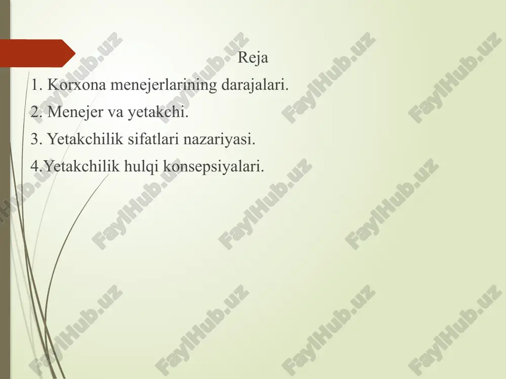 li bajarish maqsadida biror-bir organning yoki rahbarning bo’ysinuvchilarga aniq va nisbatan barqaror ta'sir ko’rsatish usuli va yo’llari majmuidir. masalan: - mamlakat boshqaruv organlarining ish uslubi; - vazirlik, qo’mita, hokimlarning ish uslubi; - sud, prokuraturaning ish uslubi; - korxona, sexlarning ish uslubi; - ayrim rahbarlarning ish uslubi va hk. boshqaruvning turli pog’ona va bosqichlarida turgan boshqaruv organlari va rahbarlarning ish uslublari har xildir. shu nuqtai nazardan ish uslubi g’oyat ko’p qirrali tushunchadir. rahbarning ish uslubi - bu boshqaruv jarayonida u yoki bu masalani hal qilishda uning o’ziga xos yondoshishidir. rahbar qaror qabul qilganda, uning bajarilishini tashkil etganda va qo’l ostidagi kishilar ishini nazorat qilganda o’z vazifalariga muvofiq ish ko’radi. biroq, har bir rahbar bunda o’ziga xos ravishda, boshqaruv jarayonida o’zi uchun mos bo’lgan, o’z rahbarlik uslubini belgilaydigan usullar bilan harakat qiladi. mutlaqo bir xil ikki kishi bo’lmaganidek, rahbarlikda ham mutlaqo bir xil uslub yo’q. rahbarlik uslubi rahbarlarning o’z qo’l ostidagilari bilan …