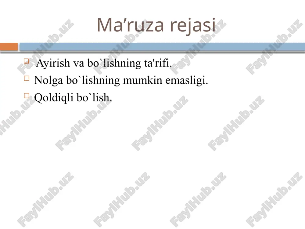 olda a-c ayirma mavjud bo`ladi. uni r orqali belgilaymiz: a-c=r. bundan a=r+c chiqadi, r+c yig`indini (a+b)-c ifodadagi a ning o`rniga qo`yamiz va unda shakl almashtiramiz: (a+b)-c=(r+c+b)-c=r+b+c-c=r+b. biroq r harfi orqali a-c ayirma belgilangan edi, bundan isbotlanishi talab etilgan (a+b)-c=(a-c)+b ifodaga ega bo`lamiz endi sondan yig`indini ayirish qoidasini qaraymiz: sondan sonlar yig`indisini ayirish uchun bu sondan qo`shiluvchilarning birini, ketidan ikkinchisini ketma-ket ayirish yetarli, ya’ni agar a, c, b - butun nomanfiy sonlar bo`lsa, u holda ab+c bo`lganda a-(b+c)=(a-b)-c ga ega bo`lamiz. bu qoidaning asoslanishi ham yig`indidan sonni ayirish qoidasi uchun bajarilgani kabi bajariladi. keltirilgan qoidalar boshlang`ich maktabda konkret misollarda qaraladi, asoslash uchun ko`rgazmali tasvirlar namoyish etiladi. bu qoidalar hisoblashlarni ixcham bajarish imkonini beradi. masalan, sondan yig`indini ayirish qoidasi sonni bo`laklab ayirish usuliga asos bo`ladi: ayirish amali quyidagi xossalarga ega: 1°. agar ikki sonning ayirmasiga ayiriluvchi qo’shilsa, kama-yuvchi hosil bo’ladi, ya ‘ni a - b = c bo’lsa, a = b + …