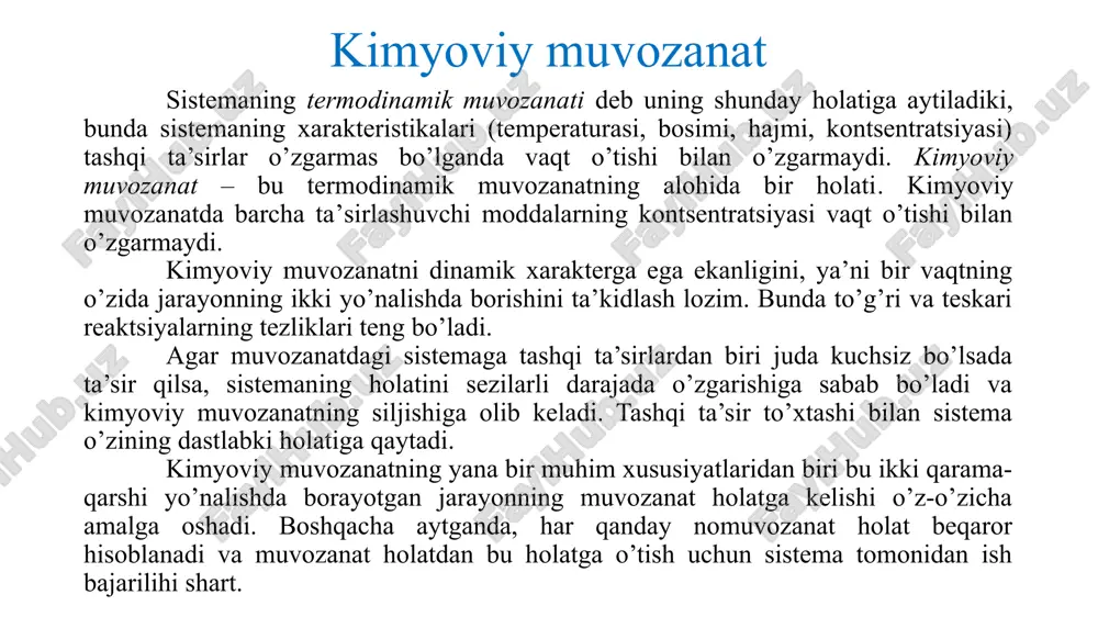 otsiatsiya jarayonlarida oddiy zarrachalar hosil bo’lishini ifodalaydi. bu ikki omil qarama-qarshi yo’nalishda borayotgan jarayonlarning ikkalasiga ham ta’sir qiladi va jarayonning yo’nalishi ulardan qaysi birining katta qiymatga ega bo’lishi bilan aniqlanadi. jarayon bu ikki omilning ta’siri tenglashgancha, ya’ni muvozanat qaror topgancha davom etaveradi. entropiya o’zgarishining tenglamaga temperatura bilan ko’paytma bo’lib kiritilishi yuqorida qayd etilgan omillar ta’sirining har qanday tenglashgan holatida temperaturaning ko’tarilishi entropiya omili ta’sirining oshishiga olib keladi. image1.png image2.png image3.png image4.png image5.jpeg image6.png image7.png image8.png image9.png image10.png image11.png image12.png image13.png image14.png image15.png image16.png image17.png image18.png image19.png image20.png image21.png image22.png /docprops/thumbnail.jpeg