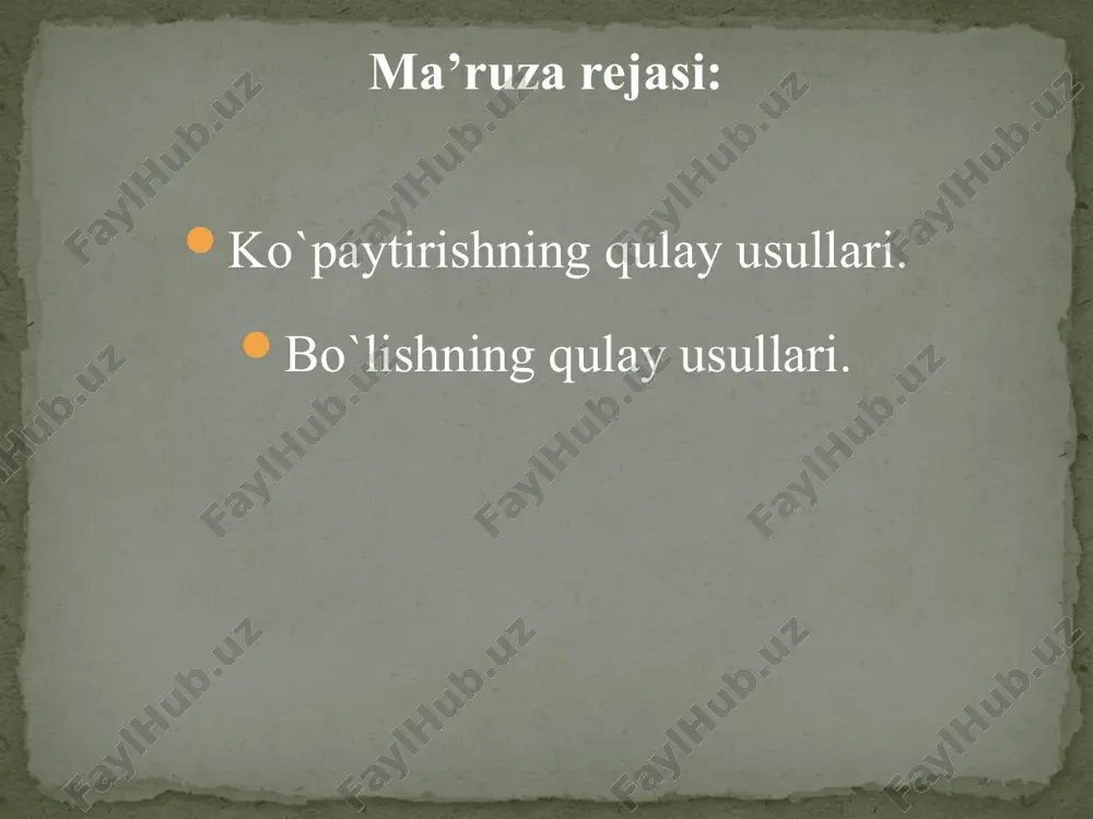 raqamlarning yig’indisini qo’yish kifoya. agar hosil bo’gan yig’indi ikki xonali bo’lsa,birliklarni berilgan sonning raqamlari orasiga qo’yiladi, o’nliklari esa birinchi raqamga qo’shiladi. 3 - usul. 9 ta o’nlikdan iborat ikki xonali sonni ko’paytirish. 9 ta o’nlikdan iborat ikki xonali sonni ko’paytirish uchun, ikkinchi sonning 100gacha bo’lgan to’ldiruvchisini topib, birinchi sondan ayirib va natijaga berilgan sonlarning 100 gacha bo’lgan to’ldiruvchilarini yozib qo’yish kifoya. 4-usul. yigirmadan kichik sonlarni ko’paytirish. yigirmadan kichik ikki sonni ko’paytirish uchun, birinchi songa ikkinchi sonning birliklarini qo’shib, natija oxiriga nolni yozib qo’yib va birliklar ko’paytmasini qo`shish kifoya. 5-usul. bo’lish usullari. bo’lish uchun ratsional xisoblash usullari ko’paytirish qoidalari va quyidagi keyingi (bo’linmaning o’zgarishlari) xossalarda asoslanadi: 5.1 - xossa. agar bo’liniluvchini bir necha marta oshirsak yoki kamaytirsak, bo’linma ham mos ravishda oshadi yoki kamayadi, ya'ni:,,b) [(=d)[(():=d:b)(():=d:b)]. 5.2 - xossa. agar bo’luvchini bir necha marta oshirsak (kamaytirsak), bo’linma ham mos ravishda oshadi (kamayadi). 6 - usul. xona birliklari bo’yicha sonlarni bo’lish. bo’liniluvchini …