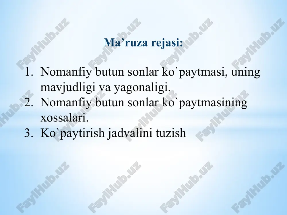 avjudligi va yagonaligi berilgan sondagi elementlardan tashkil topgan to’plamlarning dekart ko’paytmasini tuzish har doim mumkinligi va dekart ko’paytma elementlari soni to’plamlarning qanday elementlardan tashkil topganiga bog’liq emasligi bilan isbotlanadi. ko’paytirish amalining xossalari. 1°. ko’paytirish amali kommutativdir: (∀a, b∈n0) ab =ba. isbot. a = n(a)va b = n(b), a∩b =∅bo’lsin. a×b≠b×a, shunga qaramay, a×b~b×a(bunda istalgan(a, b)g a×bjuftlikka (b, a)∈b×ajuftlik mos keltiriladi): a×b~b×a⇒ n(a×b) = n(b×a) , ab = n(a×b) = n(b×a) = ba⇒ab =ba. 2°. ko’paytirish amali assotsiativdir: (∀a, b, c∈n0) (ab)c =a(bc). isboti. (ab)c = n(a),b = n(b),c = n(c)va a, b, clar juft- jufti bilan kesishmaydigan to’plamlar bo’lsin: (ab)c= n((a×b)×cva a(bc)= n(a×(b×c)). yuqoridagi dekart ko’paytmalar doirasida o’zaro bir qiymatli moslik o’rnatish yo’li bilan (a×b)×c~a×(b×c)ekanini ko’rsatish mumkin (kombinatorika bo’limidagi ko’paytma qoidasini eslang). demak: (ab)c = n((a×b)×c=n(a×(b×c) = a(bc). 3°. ko’paytirishning qo’shishga nisbatan distributivligi: (∀a, b, c ∈n0) (a + b)c = ac + bc. isbot.a = n(a),b = n(b), c …
