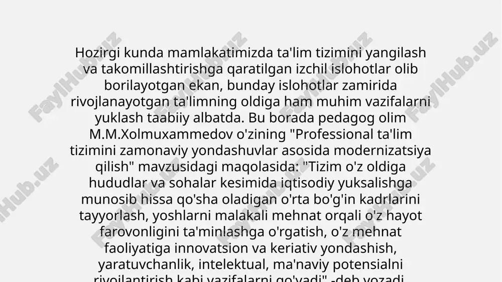 kilotlari bitiruvchilari zamonaviy kasb egalari bo'lishlari uchun ularda zarur ko'nikma va bilimlarni shakllantirish; dunyo miqyosidagi bugungi keskin raqobatga bardosh bera oladigan milliy ta'lim tizimini yo'lga qo'yish, darslik va o'quv qo'llanmalarini zamon talablari asosida takomillashtirish, ularning yangi avlodini yaratish, o'quv dasturlari va standartlarini optimallashtirish; ta'lim-tarbiya muassasalarining rahbar xodimlari, pedagog va murabbiylari, professor-o'qituvchilari va ilm-fan sohalari vakillarining jamiyatimizdagi o'rni va maqomini oshirish, ularning mashaqqatli mehnatini munosib qadrlash va faoliyat samaradorligiga qarab moddiy rag'batlantirish; pedagog xodimlarning kasbiy mahorati va faoliyat samaradorligini muntazam oshirib borish uchun zarur shart-sharoitlarni yaratish, malaka oshirish tizimini "hayot davomida o'qish" tamoyili asosida takomillashtirib borish; ilmiy-tadqiqot va ta'lim xizmatlarini ko'rsatish bo'yicha xususiy sektorning salmog'ini kengaytirish, hududlarda nodavlat ta'lim tashkilotlarini tashkil etish orqali raqobat muhitini shakllantirish, ta'lim sohasida davlat-xususiy sheriklikni rivojlantirish; zamonaviy axborot-kommunikatsiya texnologiyalarini qo'llagan xolda ta'limni boshqarishni avtomatlashtirish va har tomonlama tahlil qilib borish tizimini yaratish, elektron resurslar va masofaviy ta'limni yanada rivojlantirish, ta'lim oluvchilar o'rtasida it-sohasidagi kasblarni ommalashtirish; ilm-fanni …