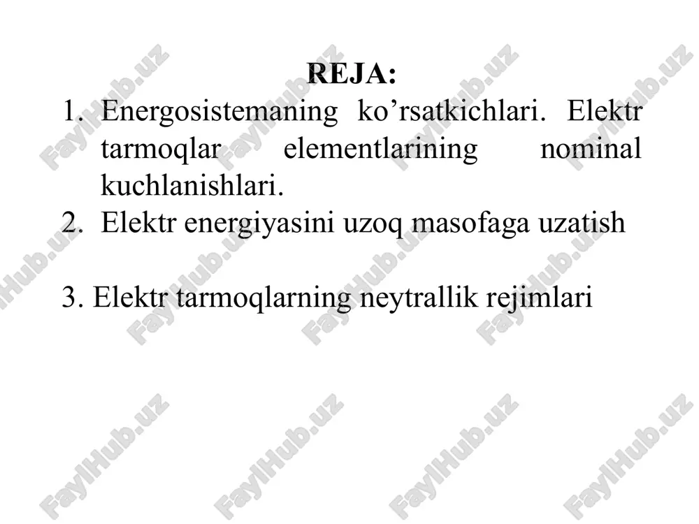 di. mashg'ulot o'tishini rejalashtiradi. barcha talabalarning faol ishtirokini ta'minlashga erishadi. xulosalar qilib talabalarni baholash mezonlarini ishlab chiqadi. keyingi mavzuning tarqatma materiali bilan tanishadi 2.bosqich. kirish.10 min mavzuni bildirib, rejani keltiradi. mavzu bo'yicha o'z fikrlarini berib talabalarning fikrini oladi. mavzu bo'yicha talabalarga savollar beradi. tanishadilar va yozib boradilar, savollar berib javobini eshitadilar. 3.bosqich. asosiy qism 60 min mashg'ulot materiallarini beradi (ma'ruza). talabalarni faollashtiradi. pedagogik usullar qullab talabalarni mavzuga jalb qiladi. qanday qilib, nima uchun, qachon, qaerda kabi savollar berib talabalarning fikrini oladi bilimini baholaydi. eshitadilar, savol beradilar javob beradilar va eshitadilar. 4.bosqich yakuniy qism 10 min umumiy xulosalar beradi eng faol talabalarni ko'rsatadilar va ularni baholaydilar mashg'ulotni yakunlaydilar. o'z baholari bilan tanishadilar elektr tarmoqlar elementlarining kuchlanishlari. elektr tarmoqlarning neytrallik rejimlari o’quv mashg’ulotning texnologik xaritasi elektr va issiqlik energiyasini ishlab chiqarish, uzatish, taqsimlash va iste’molini ta’minlovchi ob’ektlarning o’zaro bog’liqligi. respublikamizda xozirda uzoq masofalarga uzatish uchun kuchlanishi 110, 220, 330, 500 kv bo’lgan …