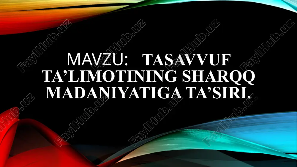 . “tasavvuf – botiniy fiqh” degan tushunchaning paydo boʻlishi. fiqh ilmi hamda tasavvufda ixlos mavzusi, ruhiy holat va ma'naviy foyda haqidagi qarashlar shakllanishi. ix asr boshlariga kelib, tasavvufning nazariy asoslari ishlab chiqilishi. sufiylarning amaliy ruhiy-psixologik mashqlari, oʻz-oʻzini tarbiyalash va chiniqtirish tadbir-usullari shakllanishi. tariqat, ma'rifat va haqiqat tushunchalarining yuzagankelishi. tasavvuf alohida ilm sifatida qaror topishi. tasavvufiy qarashlarning yaxlit ta'limotga aylanib, islom oʻlkalariga keng yoyilib, kishilarning hayotida muhim voqe'likka aylanishida movarounnahr va xurosondan etishib chiqqan olimlarning tutgan oʻrni. tasavvufning faqat nazariy jihat bilan cheklanmasdan, tariqatlar yoʻli orqali amaliy hayotda tatbiq etishi. “tasavvuf”ning paydo boʻlishi. tasavvuf paydo boʻlishining tarixiy shart-sharoitlari. tasavvuf soʻzining etimologiyasi.tasavvufning turli qirralari: amaliy, nazariy, monoteistik, panteistik, elitar, ommaviy, sunniy. qur'on va hadislarda tasavvuf shakllanishiga asos boʻlgan matnlar: baqara-182: “sizdan (ey muhammad!) bandalarim mening haqimda soʻrasalar, (ayting) men ularga yaqinman. menga iltijo qiluvchining duosini ijobat eturman”. baqara-115: “mashriq ham, magʻrib ham allohnikidir. bas qaysi tarafga yuzingizni qaratsangiz, oʻsha tomonda allohning “yuzi” …
