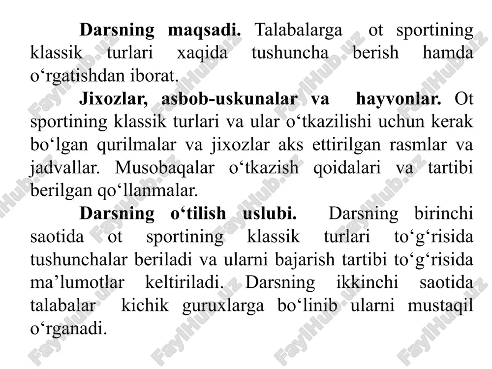 lt minib yurish va voltijirovka. uch kurash. uch kurash dasturi har xil odimlab yurish usullarini, tekis, 36 km ga teng bo‘lgan masofani chopib o‘tish va ma’lum kenglikdagi maydonchada o‘rnatilgan har xil balandlikdagi va turli shakldagi to‘siqlardan sakrab o‘tishni o‘z ichiga oladi. uch kurash masofasi dunyo va yevropa birinchiligi uchun o‘tkaziladi, shu bilan birga u olimpiada dasturiga kiritilgan. uch kurash musobaqalari ketma ket uch kun ichida o‘tkaziladi. chavandoz uch kurashning hamma turida faqat bitta ot bilan qatnashishi mumkin. konkur. konkurlar – ma’lum kenglikda qurilgan, har xil kattalikdagi va turli shakldagi to‘siqlardan sakrab o‘tish musobaqasidir musobaqa yozda ochiq maydonlarda, qishda mahsus manejda o‘tkaziladi. chavandoz va otning tayyorgarlik darajasiga qarab musobaqa turlari klasslarga bo‘lib o‘tkaziladi. har bir qatnashuvchi belgilangan marshrutda 13 -14 to‘siqdan otni sakratib o‘tishi lozim. musobaqa vaqtida chavandozga yo‘l qo‘ygan hatolari uchun jarima ochkolari belgilanadi. ot sakrashdan bosh tortganda birinchi marta 3 ochko, ikkinchi marta 6 ochko, uchinchi marta chavandoz umuman …