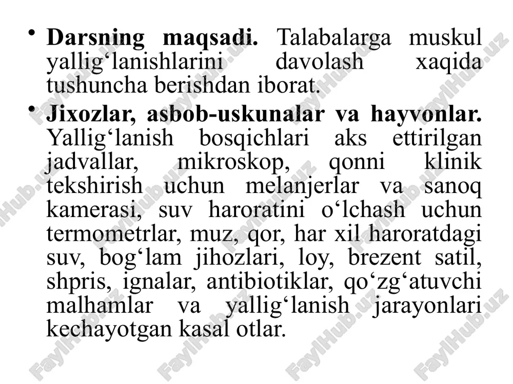 m o‘ramlar, spirt – ixtiolli kompresslar, ozokerit yoki parafin applikatsiyalari, sollyuks lampasi bilan nurlantirish kabi muolajalarni qo‘llash belgilanadi. yiringli – nekrotik jarayon chegaralanib, aniq to‘siq va flyuktuatsiya beradigan joylar paydo bo‘lgandan so‘ng jarayon kesiladi va o‘lgan to‘qimalar chiqarib tashlanadi. sollyuks lampasi bilan nurlantirish davolash kasallikni chaqirgan sabablarni, infeksiya o‘chog‘ini, organizm desensibilizasiyasi yo‘qotishga va immunobiologik reaksiyalarni normallashtirishga qaratilishi kerak. buning uchun kompleks tadbirlar qo‘llanadi. birinchi navbatda kasallarni saqlash sharoitlari yaxshilanadi, rasiondan achchiq ozuqalar (silos, barda) va omixta yem chiqariladi, ularnig o‘rniga sifatli pichan va ildizmevalilar kiritiladi, vita­min – mineral qo‘shimchalar beriladi. streptokok­kli infeksiya o‘chog‘ini bartaraf etish uchun muskul orasiga katta dozalarda pe­nisillin, bitsillin–2 va –3 yoki streptomisin yuboriladi. bu antibiotiklarga streptokokklar juda sezuvchi bo‘ladi va natijada septik jarayon tezda chegaralanadi. bir vaqtda haroratni pasaytiruvchi, analgetik va yallig‘lanishga qarshi vositalar sifatida analgin, buta­dion yoki piramidon og‘iz orqali bir kunga 1–2 marta, klinik tuzalgancha tegishli dozalarda beriladi. elektrofarez otda elektrofarezni qo‘llash revmatizm rivojlanishining …