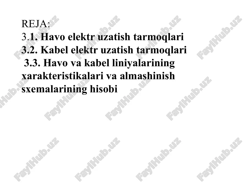 chlar va izolyatorlar soni kamayadi. liniya gabariti – elektr tarmoq o’tkazgich simlarining eng pastki nuqtasidan yergacha bo’lgan masofa. havo liniyasining gabariti suv, yo’l polotnasida harakatlanayotgan odamlar va texnikaning xavfsiz harakatlanishi ta’minlanishi lozim. havo liniyasining gabariti nominal kuchlanishga va xudud sharoitlariga bog’liq bo’ladi (aholi turar joylari, aholi turar joylari bo’lmagan joylar). havo elektr uzatish tarmoqlarining tayanchlari o’tkazgich simlarini yer sathidan, suvdan, biror injener konstruktsiyalardan etarli masofada, xavfsiz balandlikda ushlab turish uchun xizmat qiladi. tayanchlarda yana (kuchlanish 110 kv dan yuqori bo’lganida) tarmoqni yashinning to’g’ridan-to’g’ri urilishidan va bunda hosil bo’ladigan o’takuchlanishlardan ximoya qilish uchun po’lat trosslar tortiladi. tayanchlarning tiplari va konstruktsiyalari turlicha bo’ladi. vazifasiga va havo elektr uzatish tarmoqlari trassasida joylashishiga ko’ra tayanchlar oraliq va anker bo’lishi mumkin. 4.2. rasm. o’tkazgich simlar va troslarning tayanchlarda joylashishi: a, b, v – uchburchak shaklda; g,d–faza simlari gorizontal joylashgan; a-yog’och tayanch, b,v,g-temir beton tayanchlar, d-metall tayanch simlarga mexanik mustahkamlik va egiluvchanlik berish uchun ko’p tolali …