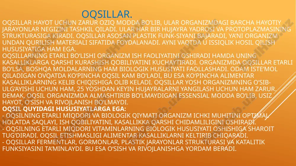 ligi natijasida alimentar distrofiya, marazm va kvashiorkor kasalligi yuzaga keladi. alimentar distrofiya va marazm organizmda oziq moddalar, oqsillar, yog‘lar, karbonsuvlarning etishmasligidan kelib chiqadi. bu kasalliklar organizmda oziq 'moddalarning hazm bo‘lishi buzilishi natijasida ham kelib chiqishi mumkin (endogen). kvashiorkor ko‘proq afrika qit’asida uchraydi. u asosan ko‘krakdan ajratilib, karbonsuvli (uglevodli) ovqatlarga o‘tkazilgan bolalarda faqat oqsil etishmasligi natijasida kelib chiqadi, bunda bolalarning o‘sishi sustlashib, tana og‘irligi kamayadi. oqsil etishmasligidan organizmning himoyalanish qobiliyati pasayadi. ayni vaqtda ichki sekretsiya bezlari faoliyatida ham jiddiy o‘zgarishlar ro‘y beradi. a.a.makarchev va boshqalarning aniqlashicha, ovqatda oqsilning kam bo‘lishi ham, keragidan ortiqcha bo‘lishi ham miya faoliyatiga salbiy ta’sir etar ekan. yo’lar. yogʻ, moy — organik moddalar; glitserin bilan bir asosli yogʻ kislotalar (triglitseridlar)ning toʻliq murakkab efirlari; lipidlar sinfiga mansub. uglevodlar va oqsillar bilan bir qatorda yo. — hayvon, oʻsimlik va mikroorganizmlar xujayrasining asosiy tarkibiy qismlaridan biri. bular bir xil yoki turli yogʻ kislotalarning radikallari boʻlishi mumkin. yo. molekulasida tuyingan yogʻ …