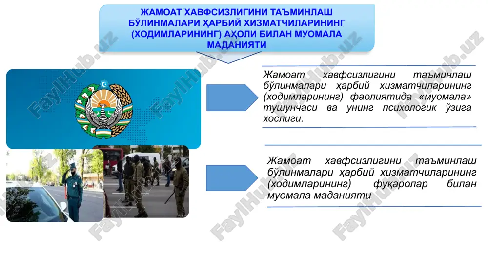 y tadbirlar, ommaviy tartibsizliklar va favqulodda vaziyatlar yuzaga kelgan vaqtlarda jamoat xavfsizligini ta'minlash bo'linmasi harbiy xizmatchisining harbiy xizmatchilari (xodimlari) shubha uyg'otgan shaxs bilan muloqotga kirishi bunga misol bo'ladi. jamoat xavfsizligini ta'minlash bo'linmasi harbiy xizmatchisining (xodimining) boshqa turli toifadagi shaxslarga o'z holati, kayfiyati, xohishini mimika, harakat, imo-ishora orqali bildirishi mazmunli muloqot deb ataladi. rasmiy muloqot yuridik kuchga ega bo'lib, davlat va jamiyat manfaatini ko'zlagan hamda qayd etiladigan muloqot turi (masalan, bayonnoma tuzishidagi holat bo'yicha so'roq qilish). shaxslararo o'zaro muloqot jarayonida o'zini qiziqtirgan u yoki bu ma'lumotga ega bo'lish norasmiy muloqot hisoblanadi. muloqot va muomala madaniyati odamlarni bo'ysun-dirishning azaldan 2 ta yo'li mavjud: majbur etish ishontirish muloqot madaniyati: so'zlash san'ati tinglash madaniyati suhbatdoshni ob'ek-tiv baholash va to'g'ri tushunish kishilar bilan muno-sabat o'rnatish va ular-ga samarali ta'sir o'tkazish so'zning mohiyati haqida sa'diy «aqllimisan yoki ahmoq kattamisan yoki kichik buni bir so'z aytmaguncha bila olmaymiz» 6 so'zlashish odobi insonning shirinso'zligi uning tarbiyalanganidan guvohlik bersa, …