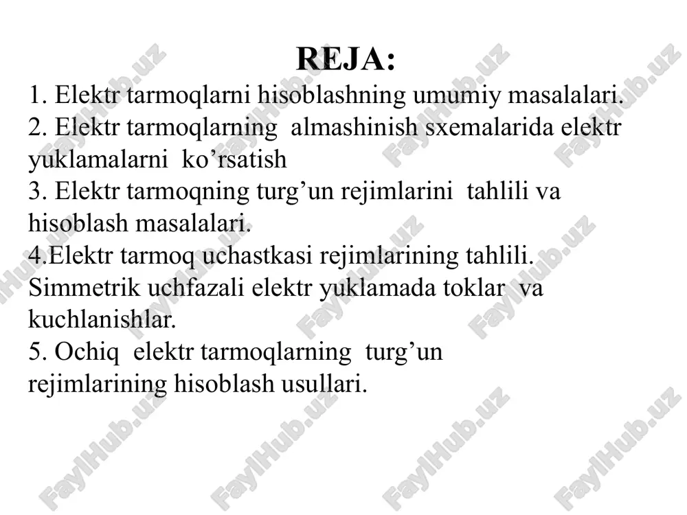 chastkasi tok va kuchlanishlarining vektor diagrammasi elektr sistemadagi elementlarning ko’rsatkichlari ularninig qarshiligi va o’tkazuvchanligidir. qarshilik o’tkazuvchanlik kattaliklarining tarmoq o’tkazgich simlari va kuch transformatorlari uchun 1,2-jadvallarda yozib chiqilgan. simmetrik rejim uchun almashtirish sxemasi (1) bilan tayyorlaymiz. bir xil qarshilikli liniyalar uchun. tarmoqning to’la qarshiligi: z=r+jx o’tkazuvchanligi o’tkazuvchanligi ham shunga o’xshash: bo’ladi, bu yerda: va aktiv va reaktiv o’tkazuvchanlik . o’zgaruvchan tokda o’tkazgich sim qarshiligi ko’proq bo’ladi. lekin 50 gts chastotali tok uchun bu farq 1% atrofida bo’lib, uni hisobga olmasa ham bo’ladi induktiv qarshilik 1 km elektr uzatish tarmog’i uchun aniqlanadi. x0 –om/km. bu yerda : l -o’tkazgichning induktivligi, gn f-tok chastotasi 50 gts. do’rt-faza simlari orasidagi masofa, m r-simlarning radiusi, m -magnit o’tkazuvchanlik,gn/m demak, rangli metall simlar uchun: bo’ladi. havo elektr uzatish tarmog’ining faza simlari orasidagi masofa tarmoqning nominal kuchlanishiga bog’liq bo’ladi. un ,kv 1 6-10 35 110 220 500 do’rt, m 0.5 1 3.5 5 7 14 izolyatorlari soni …