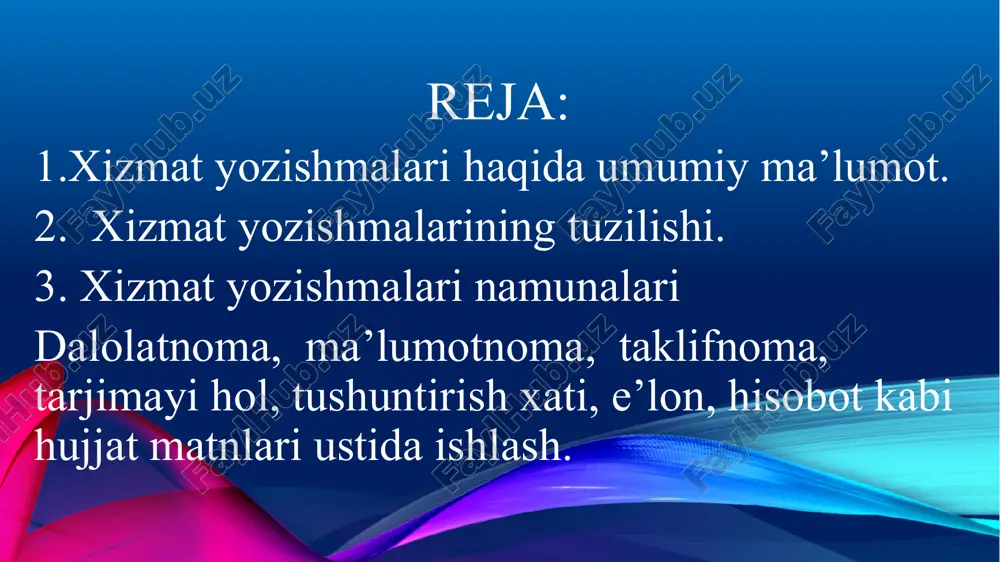 ing turi, nomi yozilmaydi, xatning qandayligi matn mazmunida aks etishi zarur. rasmiy xatlarda bayon qilingan fikr mantiqiy izchillikda ifodalanishi, yetarli dalillar bilan asoslanishi va xulosalanishi lozim. zarur holatlarda o‘rinli taklif yoki e’tiroz bildirilishi mumkin. ammo mutasaddi rahbarga nisbatan hurmat saqlanishi, murojaat odobiga amal qilinishi zarur. shu maqsadlarda: - rahbarga murojaat shakli «siz» so‘zini bosh harfda yozish orqali ifodalanadi (sizga, sizdan kabi); - fikriy bog‘liqlik «bu», «ushbu», «mazkur», «shu sababli», «shunga ko‘ra (muvofiq)» kabi so‘zlar yordamida ta’minlanadi; - taklif va e’tirozlar «bizningcha», «shartnomaga ko‘ra», «biroq», «shu bilan bir qatorda», «deb o‘ylaymiz» kabi so‘z va so‘z birikmalari orqali ifodalanadi. shaxsiy xatlar vazifasi va mazmuniga ko‘ra ikki turli bo‘ladi. kundalik turmushda, asosan, oilaviy yoki do‘stona munosabatlarni ifodalovchi xat, maktub keng qo‘llanadi. bunday xatlar rasmiy yozishmalardan hajmining cheklanmaganligi, shakliy mustaqilligi, matn mazmunining ichki kechinmalarga, hazil, qochiriq, gina, afsus, taklif, e’tiroz, minnatdorchilik kabilarning oddiy so‘zlashuv yoki badiiy uslubga yaqin ifoda shakliga xosligi bilan ajralib turadi. …