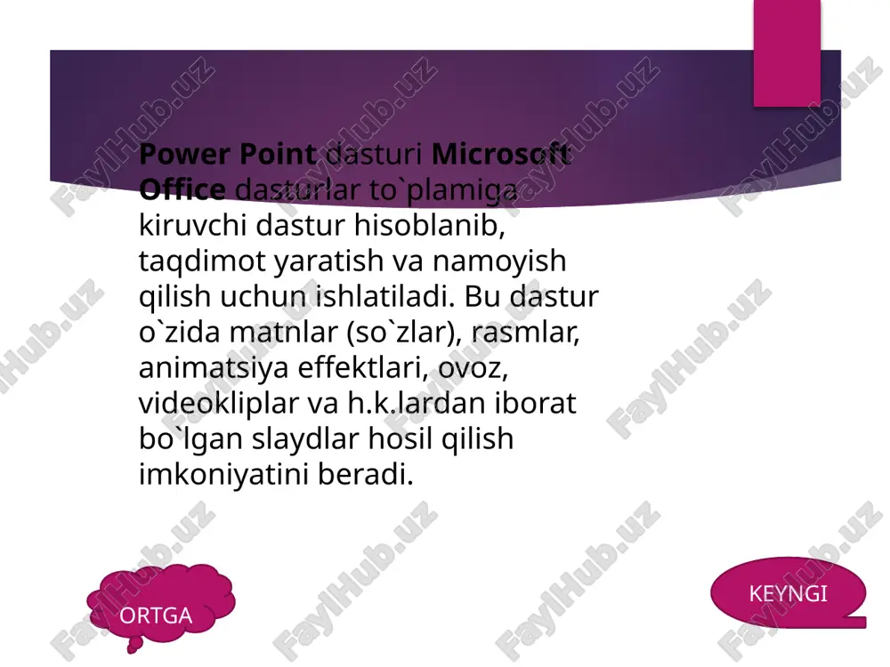 nida slaydlar o`rnini almashtirish va boshqa amallarni bajarishga to`g`ri keladi. power pointda bu slaydlar bilan ishlashning 3 ta holatlari mavjud «obichniy rejim» (oddiy holat). «rejim sortirovshika slaydov» (slaydlar saralovchisi holati). «pokaz slaydov s tekushego slayda» (joriy slaydni namoyish qilish). power point da ish holatlari. ortga keyngi slaydning oddiy holatdagi ko`rinishi. keyngi ortga ekrandagi tasvirni kattalashtirish yoki kichraytirish uchun «vid» menyusidagi «masshtab» buyrug`i qo`llaniladi. bu holatda foydalanuvchi har bir slayd bilan alohida ishlash imkoniga ega bo`ladi. matnlarni terish va taxrirlash grafik va jadvallarni qo`shish, slaydlarga shablon tanlash, shablon rangini o`zgartirish, ortiqcha slaydni o`chirish va hokazolarni bajarish mumkin. keyngi ortga . slaydlarning slaydlar saralovchisi holatidagi ko`rinishi. keyngi ortga dizayn shablonini o`zgartirish, umuman taqdimot ko`rinishini o`zgartirib yuborish mumkin. slaydlar saralovchisi ko`rinishini «vid» menyusidagi «sortirovshik slaydov» buyrug`ini yoki sichqoncha yordamida ekranning chap quyi burchagidagi mos tugmani tanlashingiz mumkin. keyngi ortga . «shabloni oformleniya» bandidan yaratayotgan taqdimotmizga tayyor rangli slaydlarni tanlab qo`yishimiz mumkin. «shabloni oformleniya» …