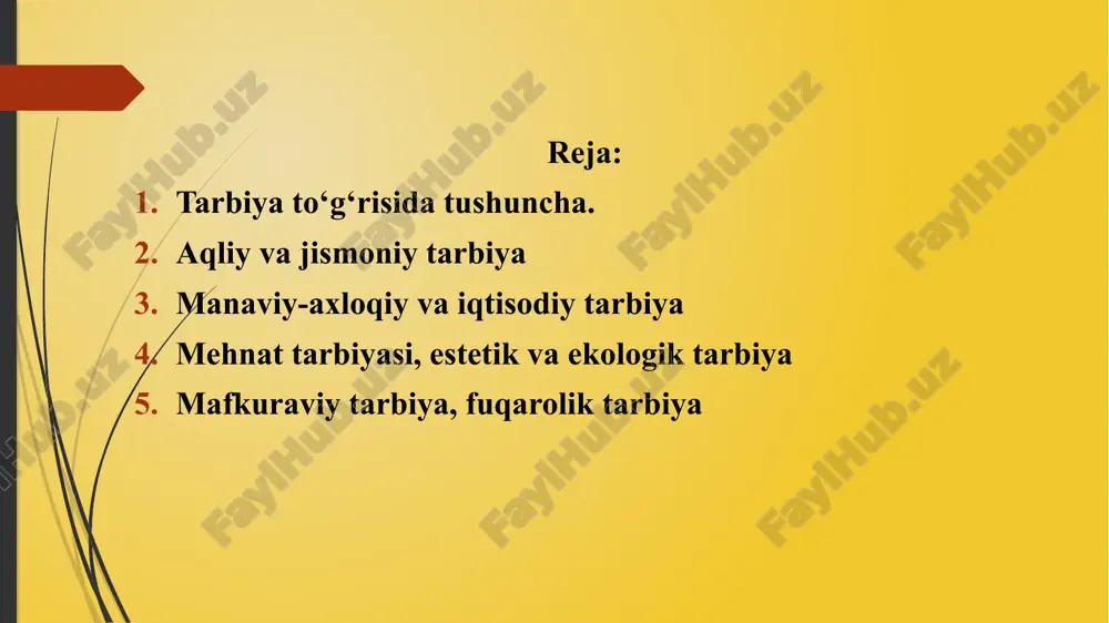 da alohida shablon holida beriladigan retseptlar mavjud emas, har bir davrning, millatning, muhitning o'ziga xos xususiyatlari bo'lib, tarbiyada bolaning eng to'g'ri yo'ldan borishi uchun imkon yaratish lozimdir. bu ishda pedagogika, psixologiya, tibbiyot bilimlari bizga yordam beradi. bolaning qaysi yoshidan tarbiyalashni boshlash kerak, degan savolga ibn sino bolaning tug'ilishidan avvalroq, uning ona qornidan boshlaboq shug'ullanish lozim deb javob bergan. chunki bolaning normal rivojlanishi uchun yaxshi muhit uning ona qornidaligidayoq yaratilishi lozim. yosh oila bo’lajak bolaning ota-onasi homila paydo bo'lgan kundan boshlab uning to'g'ri o'sib, rivojlanishiga e'tibor bermog'i lozim. oiladagi har qanday kelishmovchilik, janjallar, chekish, spirtli ichimliklarni iste'mol qilish homilaning noto'g'ri rivojlanishiga olib keladi tarbiya biz uchun yo hayot – yo mamot, yo najot – yo halokat, yo saodat – yo falokat masalasidir abdulla avloniy aqliy tarbiya aqli tarbiya shaxsning har tomonlama taraqqiyoti, uni turmush va mehnatga tayyorlashning muhim tarkibiy qismidir. aqliy tarbiya bilimlarni toʻplash, biror narsani tahlil va sintez qilish, narsa …