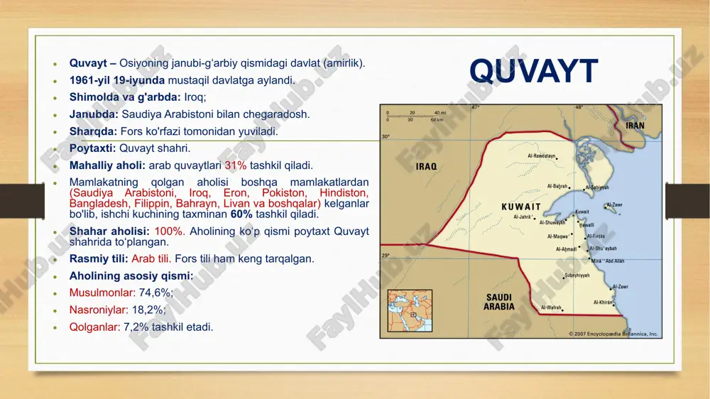 t tuzilishi amir valiahdni tayinlaydi. biroq uning nomzodi hukmron oila a’zolari tomonidan ma’qullanishi va milliy assambleya tomonidan tasdiqlanishi kerak. agar milliy assambleya amir taklif qilgan nomzodga qarshi ovoz bersa, amir majlisga hukmron oiladan yana 3 ta nomzodni ko‘rsatishi shart. assambleya ulardan birini tanlaydi. amir bosh vazirni hukmron oila a’zolaridan tayinlaydi. bosh vazir, o'z navbatida, hukumatdagi lavozimlarni tayinlaydi. barcha vazirlar milliy assambleyaning a'zolari hisoblanadi. muhim vazirliklarni hukmron oila a’zolari boshqaradi. qonun chiqaruvchi hokimiyat amir va bir palatali milliy majlisga tegishli. 50 deputat umumiy saylovlarda 4 yillik muddatga saylanadi. 15 nafari bosh vazir tomonidan tayinlanadi. siyosiy partiyalar faoliyati ta’qiqlangan. iqtisodiyot quvayt iqtisodiyoti kichik, ammo boy neftga asoslangan iqtisodiyotdir. neft qazib olish quvayt yaimning 50% ta'minlaydi. mamlakat eksportidagi neft ulushi 90% tashkil qiladi. yillik neft qazib olish 100 million tonnaga yaqin. quvayt dinori dunyodagi eng qimmat valyuta hisoblanadi. noneft sanoatiga moliyaviy xizmatlar kiradi. jahon banki ma'lumotlariga ko'ra, quvayt aholi jon boshiga to'g'ri keladigan …