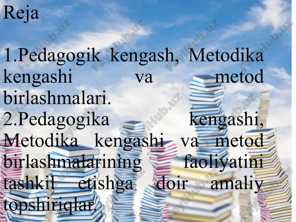 ilar bilan ishlash shakllariga doir quyidagi jadvalni to’ldiring. pedagog kadrlarning malakasini oshirish shakllari yosh o’qituvchilar bilan ishlash shakllari namunaga muvofiq majlis bayonnomasini yozish. majlis bayonnomasini yozishga doir ko’rsatmalar: 1) ta’lim muassasasining pedagogik kengashini o’tkazish uchun taxminiy to’rtta masalani tanlab oling. birinchi masala “o’zbekiston respublikasi prezidenti,vazirlar mahkamasining farmon, qaror va farmoyish,vazirlikdan kelgan hujjatlar ijrosi”va to’rtinchi masala “turli masalalar” deb nomlanishi lozim; 2) majlis bayonnomasini quyidagi namuna asosida yozing: _____________________________________ pedagogik kengashining ___ - conli yig’ilishi (ta’lim muassasasining nomi) bayonnomasi _________ ___________ (sana) (shahar) kun tartibi: 1. o’zbekiston respublikasi prezidenti,vazirlar mahkamasining farmon, qaror va farmoyish, vazirlikdan kelgan hujjatlar ijrosi. 2. ........................................................................................................................................... 3. ........................................................................................................................................... 4. turli masalalar: 4.1.......................................................................................................................................... 4.2. ........................................................................................................................................ yig’ilishnin borishi: 1-masala. .............................................................................................................................. eshitildi: tinglandi: 2-masala. .............................................................................................................................. eshitildi: tinglandi: 3-masala. .............................................................................................................................. eshitildi: tinglan