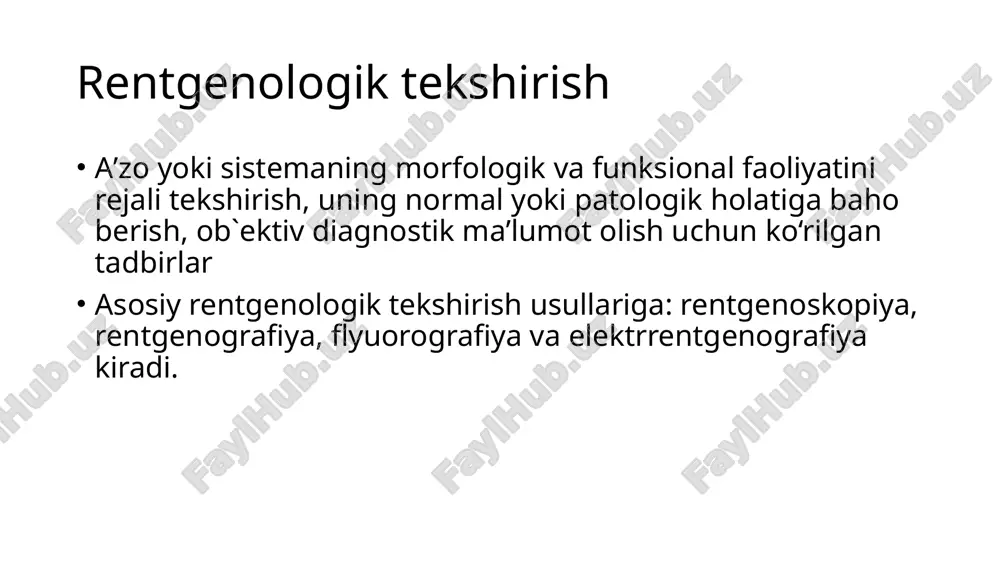 ilayotgan aʼzo tasviri to‘g‘risidagi yuridik va rentgenologik hujjat bo‘lib, u rentgen kabint arxivida belgilangan muddatgacha saqlanishi kerak. flyuorografiya — flyuoressyensiyalangan ekrandan foto plyonkaga yoki flyuorografiya plyonkasiga kichkina surat olish usuli. endoskopiya (endo... va skopiya — koʻrish) — kovak, ichi boʻsh aʼzolar (meʼda, toʻgʻri ichak, qovuq, bronxlar va boshqalar)ni optik asbob (endoskop) yordamida koʻrib, tekshirish usuli. bronxoskopiya (bronxlarni), gastroskopiya (meʼdani), sistoskopiya (qovuqni), kolonoskopiya (yoʻgʻon ichakni) va boshqalar aʼzolarni tekshirish xillari bor. endoskopiya kasallikni aniqlash (meʼda-ichak yarasi, oʻsmalari, sistit, kolit, bronxit, oʻsmalardan gistologik tekshirishga biopsiya — toʻqima boʻlagini olish) va davolash (yot jismlarni olib tashlash, polip, qonayotgan yaralarni kuydirish) maqsadida qoʻllanadi. elektrokardiogramma (elektro., kardio... va gramma) (ekg) — yurak muskuli ishlayotganda hosil boʻlgan elektr impulslari yozib olingan egri chiziq. e. elektrokardiograf yordamida qogʻozga yoki fotoplyonkaga tushiriladi. butun gavdaga tarqaluvchi yurak toklari (harakat toklari) ekg si gavdaning turli qismlari (koʻkrak qafasi, qoʻl va oyoqlar)ga oʻrnatilgan va elektrokardiografga ulangan elektrodlar bilan yozib olinadi. hozirgi …