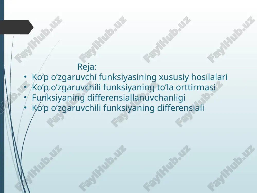 ida aniqlangan bo‘lsin. 2-ta’rif. agar funksiyaning to‘la orttirmasini nuqtada (2) ko‘rinishda ifoda etish mumkin bo’lsa, u holda funksiya nuqtada differensiallanuvchi deyiladi. bu yerda sonlar orttirmalarga bog‘liq emas misol 4. funksiya nuqtada differensiallanuvchi, chunki ya‘ni bu yerda, 3-ta’rif. agar to’plamda aniqlangan funksiyaning to‘la orttirmasini nuqtada (3) ko‘rinishda ifoda etish mumkin bo’lsa, u holda funksiya to’plamda differensiallanuvchi deyiladi. 4-ta’rif. funksiya nuqtada differensiallanuvchi bo‘lsin. nuqtada funksiya orttirmasining bosh chiziqli qismi funksiyaning nuqtadagi to‘la differensiali deyiladi va kabi belgilanadi. shunday qilib, bu yerda ( ) lar cheksiz kichik miqdor bo’lgani uchun deb olish mumkin. 19 u holda, ko‘rinishda bo‘ladi. misol 6. funksiyaning nuqtadagi differensialini toping. ko‘rinishda bo‘ladi. bundan bo‘lgani uchun differensialning asosiy xossasi keltiramiz. agar funksiya nuqtada differensiallanuvchi bo‘lsa, u holda cheksiz kichik miqdorlar uchun munosabat bajariladi, ya‘ni bundan, taqribiy hisoblash formulasi kelib chiqadi. urinma tenglamasi normal tenglamasi misollar differensial ta’rifi misol differensialning geometrik ma’nosi differensialning tatbiqi e’tiboriz uchun katta raxmat!!! image4.emf image5.png image6.emf …