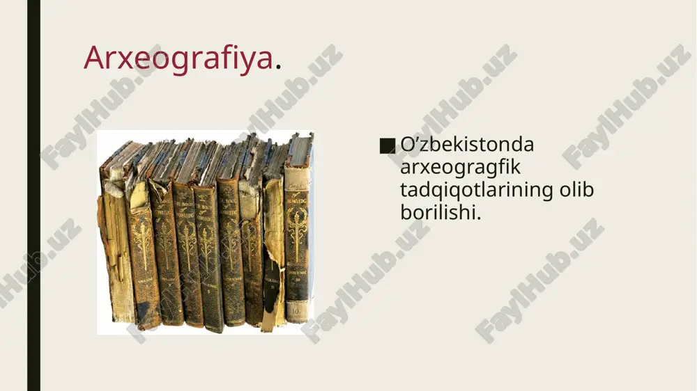 nashr qilish qoidalari berildi. bu qoidalar 1901 – yilda ishlab chiqilgan edi.1930-yilning boshlarida a.a.sergeev a.s.lappo-danilevskiyning bu qoidalarini tanqid qildi.a.a.sergeev bu hujjatlarni sinfiylik jihatdan tadqiq qilish sharti yo’qligida aybladi. a.a sergevv. a.s.lappo-danilevskiy. sharq manbalari. sharqda manbalarni nashr qilishni universitetlar,arxivlar bajargan.o’zbekistonda xx asrning òrtalarida matbubotda fan, maorif,tilshunoslik,adabiyot,san’at,matbuot,bibliogrfiya,tòģrisidagi kitoblar maqolalar berib borilgan. shu bilan birga “ o’zbekistonda ijtimoiy fanlar”jurnali o’zbekiston tarixi bòyicha chiqqan adabiyotlarning yillik ro’yxatini e’lon qilib borgan. o’zbekistonda hujjatlarni tanlash va tòliq nashr etish yòlga qòyildi. bu ishlarni a.r. beruniy nomidagi sharqshunoslik inisituti olimlari va arxiv hadimlari tomonidan amalga oshirmoqdalar. sharqshunoslik instituti. o’zbekiston davlat arxivi. katta langar qur’oni restavratsiya ishlari. òzbekistonda amalga oshirilayotgan arxeografik tadqiqot ishlariga misol qilib “katta langar qur’on”ining restavratsiya ishlarining amalga oshirilishini misol qilishimiz mumkin. bu moddiy yodgorlik hozirda parijning luvr muzeyida kòrgazmaga qòyilgan. e’tiboringiz uchun raxmat😊 image1.jpeg image2.jpeg image3.jpeg image4.jpeg image5.jpeg image6.jpeg image7.jpeg image8.jpeg image9.jpeg image10.jpeg image11.jpeg image12.jpeg image13.jpeg image14.jpeg image15.jpeg image16.jpeg image17.jpeg image18.jpeg image19.jpeg image20.jpeg /docprops/thumbnail.jpeg