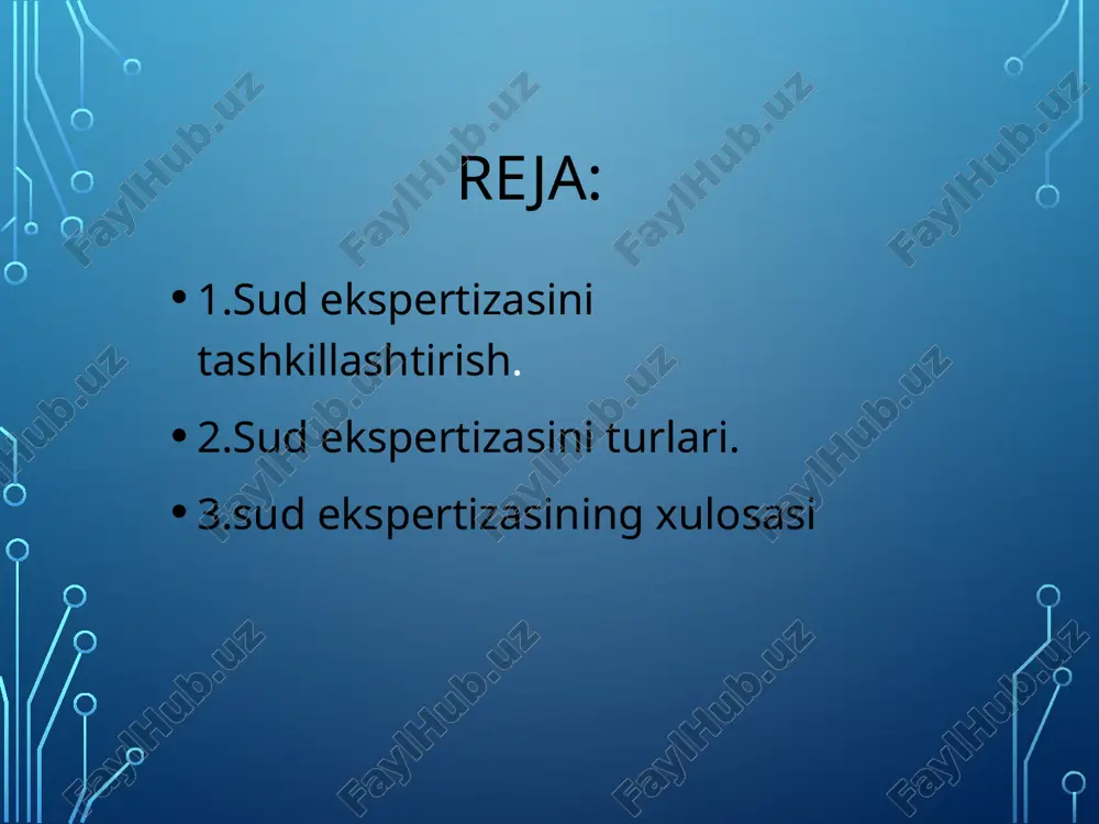 i yoki gumon qilinuvchining ruhiy holati xususida shubha uyg‘onganida hamda shaxsning aqli rasoligi (o‘z harakatlariga hisob bera olishi va huquqbuzarlik sodir etish paytida o‘zini boshgara olishi) haqidagi masalani hal qilish zarurati bo‘lganida. shuningdek guvoh yoki jabrlanuvchining ruhiy holatlari ularning ish uchun muhim holatlarni to‘g‘ri idrok qilish va ular haqida to‘g‘ri ko‘rsatmalar berish qobiliyati shubha uyg‘otganida sud-psixiatriya ekspertizasi o‘tkazilishi shart. sud-tibbiy ekspertizasining quyidagi turlari mavjud: tirik shaxslar sud-tibbiy ekspertizasi murdalarning sud-tibbiy ekspertizasi daliliy ashyolarning sud-tibbiy ekspertizasi tergov va sud ishlari materiallari bo'vicha sud-tibbiy ekspertizasi tibbiy xodimlarni javobgarlikka tortish bo‘yicha sud-tibbiy ekspertizasi dalolatnoma: kirish qismi,tekshirish qismi va xulosa yoki to'xtamlar. kirish qismida ekspertiza o‘tkazilgan sana, joy va sharoitlar ko‘rsatiladi. tanadagi hamma o'zgarishlarni yaxshi ko‘rish va baholash uchun, tabiyki, yorug'lik etarli darajada bo'lishi shart. ekspertizaning kirish gismida ekspertizani kim o'tkazayotganligi, nimaga asoslanib va kim ishtirok etganligi ko‘rsatiladi, ya'ni ekspertizani tayinlagan surishtiruvchi yoki tergovchi. tekshirish qism tekshirish natijalarini ko'rsatishi shart. uning tuzilishi o‘tkazilayotgan sud-tibbiy …