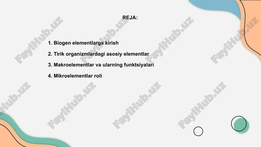 entlar immun tizimi, qon aylanishi hamda fermentativ reaksiyalarni tartibga solishda juda katta ahamiyatga ega sanaladi. bu elementlarning tanqisligi salomatlikka salbiy ta’sir ko‘rsatadi. shuning uchun ularni balansli ravishda oziq-ovqatdan olish juda muhim hisoblanadi. biogen elementlarning modda almashinuvdagi o‘rni biogen elementlar tirik organizmlarning asosiy tarkibiy qismlari hisoblanadi. ular hujayra tarkibini tashkil etadi va hayotiy jarayonlar uchun zarur moddalardir. ular modda almashinuv jarayonida ishtirok etib, energiya ishlab chiqarish va saqlashda muhim rol o‘ynaydi. masalan, karbon va vodorod asosiy elemenlardandir. biogen elementlar fermentlar tarkibiga kirib, biokimyoviy reaksiyalarni boshqaradi. bu esa organizmda o‘sish, rivojlanish va moslanish jarayonlarini ta'minlaydi. 01 03 02 atrof-muhitdagi biogen elementlar manbalari biogen elementlar — organizmlarning hayotiy faoliyati uchun zarur bo‘lgan kimyoviy elementlardir. ular asosan uglerod, vodorod, kislorod, azotdan iboratdir. bu elementlar tuproq, atmosfera, suv manbalari orqali atrof-muhitga tushadi. o‘simliklar fotosintez orqali, hayvonlar va odamlar esa oziq orqali oladi. biogen elementlarning to‘g‘ri miqdorda bo‘lishi ekologik muvozanatni saqlashda muhimdir. ularning yetishmasligi yoki ortiqligi …