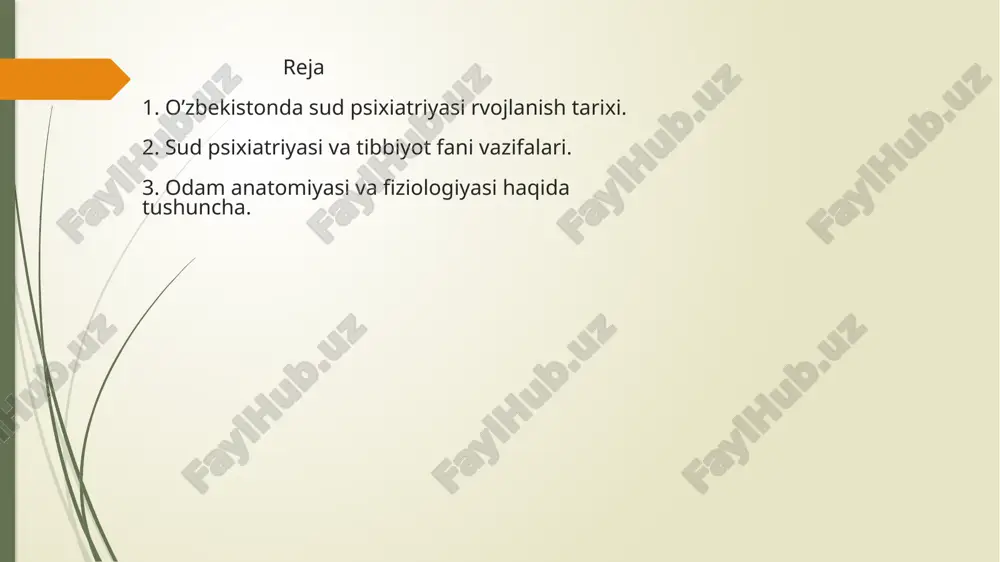 chiqish tarixi; sud tibbiyoti ekspertizasining protsessual va tashkiliy asoslari; tashqi taʼsirotlar natijasida jarohatlanish va oʻlimning kelib chiqishi; tirik shaxslar sud tibbiy ekspertizasi; murdalar sud tibbiy ekspertizasi; ashyoviy dalillar sud tibbiy ekspertizasi; jinoiy va fuqarolik ishlari materiallari boʻyicha sud tibbiy ekspertizasi; tibbiyot va farmatsevtika xodimlarining kasbiy huquqbuzarliklari boʻyicha sud tibbiy ekspertizasi. shuningdek, sud tibbiyoti qonunlar asosida tibbiy maʼlumotlarni tahlil qiladi. sud tibbiyoti tibbiyotning boshqa sohalari, xususan patologik anatomiya (murdalarni tekshirishda), farmakologiya va toksikologiya (zaharlanishlarni oʻrganishda), klinik fanlar (tirik shaxslarni koʻrikdan oʻtkazish), gematologiya va immunologiya fanlari bilan (ashyoviy dalillarni tekshirishda) uzviy bogʻliq. 2. sud psixiatriyasi va tibbiyot fani vazifalari. sud-tibbiyoti ekspertizasi tayinlanishi va o’tkazilishi quyidagilarga bo’linadi: 1)birlamchi ekspertiza; 2)qo’shimcha ekspertiza; 3)qaytadan ekspertiza o’tkazish; 4) komission ekspertiza; 5)kompleks ekspertiza. birlamchi ekspertizada ob’ektni birinchi marta tekshiruvdan o’tkazib, buning asosida ekspert xulosasini tuzish ekspert tibbiyot jihozi 3. odam anatomiyasi va fizologiyasi haqida tushincha. anatomiya (grekcha soʻzdan olingan boʻlib, kesish, kesib ochish degan maʼnolarini bildiradi) biologiyaning …