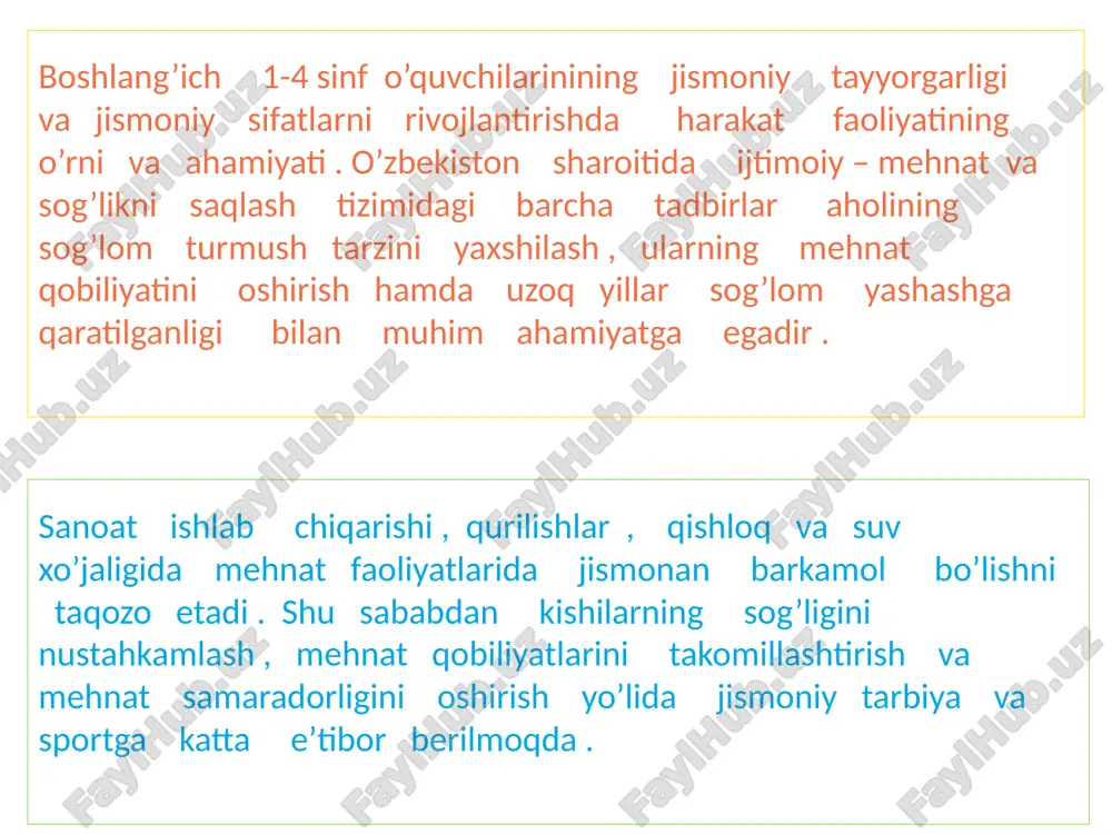 . bu o’z navbatida qon aylanish tizimining o’ta susayishi , ya’ni gipodinamiya kasalligiga chalinishiga sabab bo’lmoqda . uchinchidan esa , tamaki chekish , turli giyohlar va spirtli ichimliklarni yoshlikdan ko’p iste’mol qilish , turli xil yuqumli kasalliklarning ( gripp turlari ) kelib kirishi hamda shunga o’xshash turli xil sabablar orqali kasalmand kishilar ko’paymoqda . yuqorida ta’kidlangan eng muhim muammolar tarkibida yana juda ko’p kamchiliklar oqimi davom etmoqda . bularning mazmuni va negizida jismoniy tarbiya , jismoniy rivojlanish hamda jismoniy tayyorgarlik kabi ijtimoiy – tarbiyaviy jarayonlarning chuqur singib ketmaganligi aynan namoyon bo’lmoqda. jismoniy tayyorgarlik tushunchasi shundan iboratki, har bir inson , ayniqsa – mehnatkash ( aqliy va jismoniy sohada ) va o’quvchi yoshlarning har qanday mehnatga yaroqliligi (qobiliyati), doimo tayyor bo’lib turishi , jismonan baquvvat , chiniqqan bo’lishidagi faol harakatlardir . bunday amaliy faoliyatlar faqat jismoniy mehnat va jismoniy mashqlarni bajarish yo’li bilan vujudga keladi va mustahkamlanadi . xalq orasida ,, …