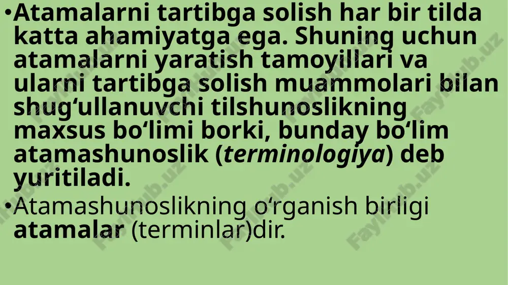 qabul qilish (kompyuter, fermer, dizayn) hozirgi atamashunosligimizning bosh tamoyili sanaladi. ma’lum bir fan yoki kasb-hunar doirasida aniq bir ma’noni ifodalash uchun qo‘llanilgan so‘zlarga atama deyiladi. atamalar qo‘llanishiga ko‘ra ilmiy kasbiy ilmiy kasbiy ma’lum bir fan doirasida qo‘llaniladigan atamalar ilmiy atamalar hisoblanadi. ma’lum kasb-hunar doirasida aniq bir ma’noni ifodalash uchun qo‘llaniladigan so‘zlarga kasbiy atama deyiladi. atamalar ikki yo‘l bilan hosil bo‘ladi. umumxalq tilidagi so‘zlardan ma’nosini maxsuslashtirishorqali hosil qilinadi. natijada bunday so‘zlar umumxalq tilida bir ma’noni, fan tilida esa boshqa ma’noni bildiradi. masalan: ot, ildiz, hol, fe’l. boshqa tillardan ilmiy tushuncha uchun atama olish orqali.bular faqat shu fan sohasidagina ishlatilib, umumxalq tilida ishlatilmaydi. masalan: kasr, musbat, manfiy. lug‘at va lug‘atshunoslik leksikografiya lot. lexikos — so‘z, grapho — chizmoq, yozmoq so‘zlaridan olingan bo‘lib, lug‘at tuzish amaliyoti va nazariyasi bilan shug‘ullanuvchi tilshunoslikning bo‘limidir. tilimizdagi so‘zlarning alifbo tartibida joylashtirilishiga lug‘at, lug‘at tuzish qoidalarini o‘rganuvchi tilshunoslik sohasiga esa lug‘atshunoslik (leksikografiya) deyiladi. lug‘at oldiga qo‘yilgan maqsadiga ko‘ra …