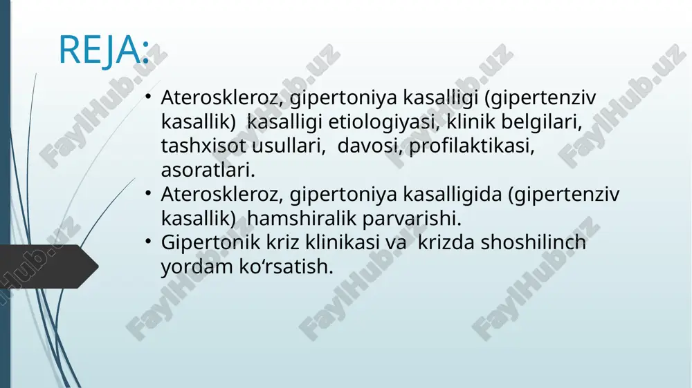 sklerozning paydo bo‘lishida ko‘p chekish (chunki nikotin nerv elementlari orqali ta’sir qilib, arteriyalarning qisqarishiga sabab bo‘ladi), shuningdek, sanoatda ishlatiladigan ba’zi zaharlar muhim rol o‘ynaydi. birinchi galda hissiyotli, hayajon bilan yuradigan, sertashvish, aqliy mehnat qiladigan kishilar ateroskleroz bilan og‘rishlari tajribadan ma’lum. kasallikning kechishi ateroskleroz kasalligi ikki davrni bosib o‘tadi. birinchisi boshlang‘ich davr bo‘lib, klinik manzarasi boshlanguncha bo‘lgan vaqt. bu davr arterial qon tomirlarda qon oqimining sekinlashishi, tomirning torayishi bilan ifodalanadi. qonda giperxolesterinemiya, aterogen lipoproteidlar ko‘payadi. bu o‘zgarishlar ateroskleroz kasalligi vujudga kelishiga zamin desa bo‘ladi. kasallikning kechishi ikkinchi davr ateroskleroz kasalligining klinik manzarasi bilan o‘tadi. bu davr uch bosqichdan iborat: i bosqich-ishemikbosqich, qon tomirlarining ateroskleroz tufayli torayishi natijasida a’zolarning qon bilan ta’minlanishi buziladi, distrofik o‘zgarishlar sodir bo‘ladi; ii bosqich – trombonekrotikbosqich qon tomirlarda ateroskleroz tufayli tromb bo‘ladi yoki organda katta-kichik o‘choqli infarkt bo‘ladi. iii bosqich-sklerotik (fibroz)bosqich tomirlar aterosklerozi nati­jasida, organlarda chandiqli o‘zgarish yuz beradi. subyektiv ma’lumotlar, shikoyatlar quyidagicha: yurak, ko‘krak, to‘sh orqasi …