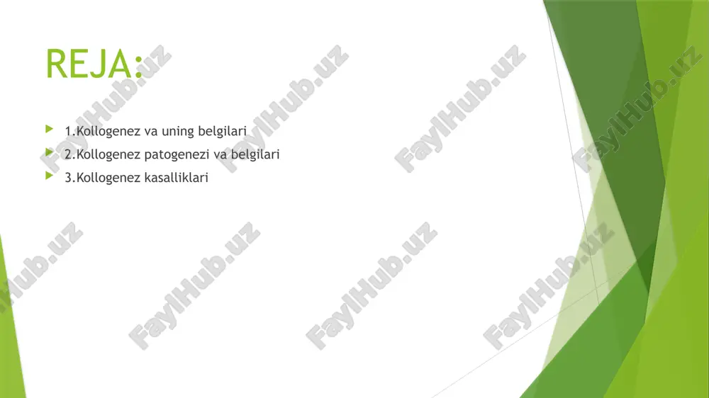 ptokokklar, stafilokokklar; koksaki va epshteyn-barr viruslari. kollagenozning belgilari barcha kollagenozlarda, ularning xilma-xilligiga qaramay, umumiy xususiyatlarni ajratib ko‘rsatish mumkin:isitma allergik belgilar mushak va bo‘g‘imlardagi og‘riq sindromi yurak-qon tomir tizimi ishining buzilishi umumiy zaiflik shilliq qavatlarning zararlanishi o‘pka kollagenozi plevrit, pnevmoniya va pnevmoskleroz boshlanishiga sabab bo‘lishi mumkin. buyrak sindromi buyrak amiloidozi, proteinuriya, gematuriya va surunkali buyrak yetishmovchiligi bilan namoyon bo‘ladi. kollagenozlar oshqozon-ichak tizimi a’zolarining ishini ham buzishi mumkin, bu esa quyidagilarga olib keladi: ichki qon ketish; dispepsiyalar; abdominal og‘riqlar; appenditsit; xoletsistit va boshqa kasalliklarga. sklerodermiya (sistemali skleroziya) a. klinik belgilari: raynaud fenomeni – barmoqlar sovuqda oqarib, so‘ng ko‘karadi teri qattiqlashuvi – yuz, qo‘llarda boshlanadi ichki organ fibrozlanishi: o‘pka (fibroz), yurak, buyrak telangiektaziya, kalsinoz, ezofagit b. laborator belgilar: ana – 90% anti-scl-70 (topoizomeraza i) – diffuz shaklga xos anti-centromere – cheklangan shaklga xos c. davolash: vazodilatatorlar (raynaud uchun): nifedipine immunosupressivlar: siklofosfamid, mmf o‘pka gipertenziyasi uchun: bosentan sistemali qizil yuguruk (sle) a. klinik belgilari: …