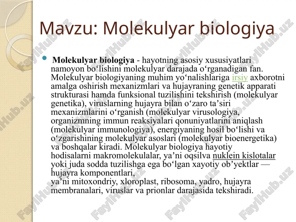 oʻrsatdi. molekulyar biologiya sohasidagi kashfiyotlarga ayrim oqsillarning strukturaviy tuzilishi va ular bajaradigan funksiyasi bilan strukturasi oʻrtasidagi bogʻlanishning aniqlanishi (m. peruts, j. kendryu, f. senger, k. ani-fensen, yu. ovchinnikov va boshqalar); nuklein kislotalar va ribosomalarning tuzilishi hamda biologik funksiyalari mexanizmlarning oʻrganilishi (j. uotson, f. krik, r. xolli, n. a. belozerskiy, a. bayev), qaytar transkriptaza fermentining kashf etilishi (x. temin, d. baltimor), genetik kodning maʼnosi ochib berilishi (m. nirenberg, s. ochoa), oqsil biosintezining asosiy boskichlari (f. krik, f. jakob, j. mono, a. spirin) va nuklein kislotalarning hosil boʻlish mexanizmlari aniqlanishi (a. korenberg, s. ochoa), viruslarning strukturaviy tuzilishi va ular replikatsiyasi mexanizmlari hamda genetik muhandislik metodlarining ishlab chiqilishi (p. berg, v. arber, g. o. smit, d. natane), genning sintezlanishi (x. korana), prionlarning strukturaviy va funksional xususiyatlari aniqlanishi (s. prusner), odam genomining toʻliq oʻrganilishi va embrional oʻq hujayralarining kashf etilishi (m. evene, j. tompson, j. bekker) misol boʻla oladi. oʻzbekistonda molekulyar biologiyaning rivojlanishi oʻtgan …
