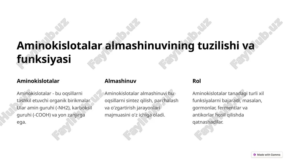 tug'ma kasalliklarining davolash usullari dieta kasallikka mos keladigan maxsus dieta. dori-darmonlar fermentlar, vitaminlar, oqsilni almashtirish. genetik terapiya kelajakda kasallikni davolashning istiqbolli usuli. 7 xulosalar va kelgusi istiqbollar aminokislotalar almashinuvining tug'ma kasalliklari - bu jiddiy tibbiy holatlar. erta diagnostika va davolanish kasallikning og'ir oqibatlaridan saqlanishga yordam beradi. kelajakda genetik terapiya usullari ushbu kasalliklarni davolashda katta o'zgarishlar qilishi mumkin. 8 image1.png image2.png image3.png image4.png image5.png image6.png image7.png image8.png image9.png image10.png image11.png image12.png image13.png image14.png
