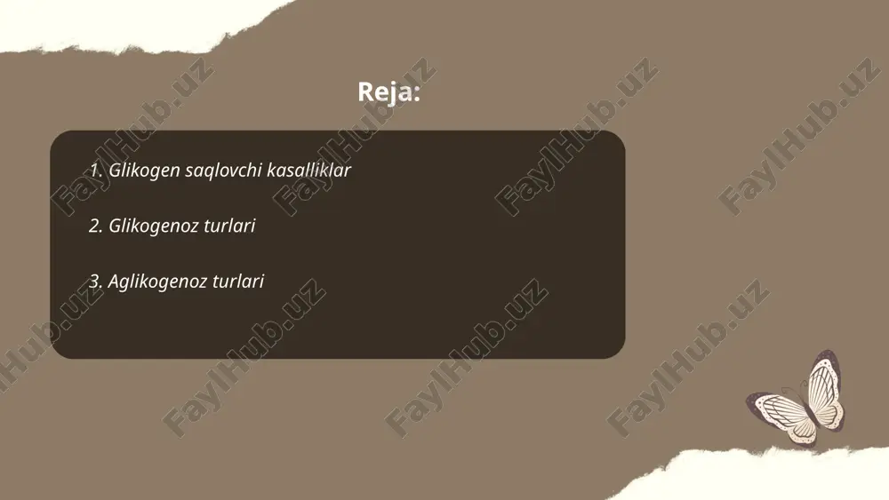 uri aniqlangan. ulardan ba'zilari pompe, von gierke, cori va mcardle kasalliklari sifatida tanilgan. har bir tur spesifik enzim yetishmovchiligi bilan tavsiflanadi va uglevodlar almashinuviga salbiy ta'sir ko‘rsatadi. masalan, von gierke kasalligida glukoza-6-fosfataza enzim yetishmovchiligi kuzatiladi. bu kasalliklar merosiy bo‘lib, asosan autosomal retsessiv yo‘l bilan irsiylanadi. aglikogenozlar klinik ko‘rinishlari, davolash usullari va asoratlari kasallik turiga bog‘liq bo‘ladi. ... t.me/slaydai_bot 4. glikogen saqlash kasalliklarining genetik sabablari glikogen saqlash kasalliklari irsiy asab kasalliklaridan bo‘lib, ularning genetik sabablari asosan glikogen metabolizmi uchun muhim fermentlar genlaridagi mutatsiyalardir. ushbu kasalliklar avtosom-recessiv shaklda meros bo‘lib o‘tadi. bugungacha kamida 15 ta turli xil glikogen saqlash kasalliklari aniqlangan, ulardan har biri biror fermentning yetishmasligi yoki faoliyatining buzilishi bilan bog‘liq. masalan, von gierke kasalligi (gsg 1) glukoza-6-fosfataza fermentining funksional yetishmovchiligi tufayli yuzaga keladi. pompeyan kasalligi (gsg 2) esa lizosomal a-glukozidaza fermentining yetishmasligi tufayli hosil bo'ladi. ... t.me/slaydai_bot qandli diabet va glikogenoz — ikkita alohida metabolik kasallikdir. qandli diabet qondagi glyukoza …