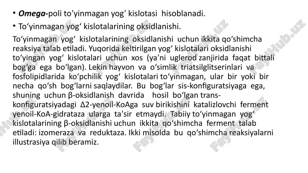 ferment a efiri hamda 12 uglerod atomli sis-∆3,sis-∆6 konfiguratsiyali to‘yinmagan yog‘ kislotasi hosil bo‘ladi. bu oraliq mahsulot β-oksidlanish fermentlari ta’siriga uchramaydi; uning qo‘sh bog‘lari kerakli holatda emas va kerakli konfiguratsiyaga ega emas (sis-, trans- emas). lekin, yenoil-koa-izomeraza va 2,4-dienoil-koa-reduktazaning birgalikda ta’siri bu intermediatga yana qaytadan β-oksidlanish sikliga tushishiga va parchalanganda olti molekula asetil-koa hosil bo‘lishiga imkon beradi. ko‘pchilik tabiiy lipidlar toq sonli uglerod atomi bo‘lgan yog‘ kislotalarni saqlaydi; toq uglerod sonli yog‘ kislotalari ko‘pchilik o‘simlik va ba’zi dengiz hayvonlari lipidlarida uchraydi uzun uglerod zanjirli va toq uglerod atomiga ega bo‘lgan yog‘ kislotalar juft uglerod atomiga ega bo‘lgan yog‘ kislotalaridek zanjirning karboksil oxiridan boshlab oksidlanadilar. lekin oxirgi sikl β-oksidlanishning substrati bo‘lib, besh uglerod atomiga ega bo‘lgan yog‘ kislotaning atsil-koa hosilasi hisoblanadi. bu moddadan oksidlanish natijasida asetil-koa va propionil-koa hosil bo‘ladi. asetil-koa, albatta, uch karbon kislotalar siklida oksidlanadi, lekin propionil-koa uch fermentni o‘z ichiga olgan boshqa siklga kiradi. unda kofaktor sifatida biotin …