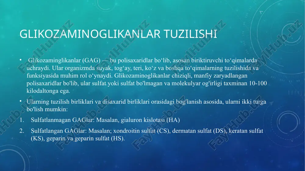 ydi. to’qimalar elastikligini ta’minlaydi,yallig’lanishga qarshi ta’sir qiladi yaralarning tez bitishiga yordam beradi gialuron kislotasi gialuronat deb ham ataladigan gialuron kislotasi tabiiy ravishda organizm tomonidan ishlab chiqariladigan shaffof, yopishqoq moddadir. gialuron kislotasining eng ko‘p miqdori teri, biriktiruvchi to‘qima va ko‘zlarda mavjud. uning asosiy vazifasi suvni ushlab turish, moylash va namlovchi modda sifatida harakat qilishdir. turli oftalmik operatsiyalarda, masalan, linzalarni implantatsiya qilish, shox parda transplantatsiyasi va glaukomaga qarshi jarrohlikda keng qo'llaniladi. bundan tashqari, artritni davolash va jarohatni davolashni tezlashtirish uchun ham foydalanish mumkin ortopediyada – bo‘g‘im ichiga yuboriladigan inʼeksiyalar (masalan, osteoartritda) kosmetologiyada – terini namlantirish, botoks muqobili okulistikada – ko‘z operatsiyalarida dermatologiyada – yaralarni davolashda xondroitin sulfat xondroitin sulfat osteoartrit uchun simptomatik sekin ta'sir qiluvchi dori hisoblanadi. osteoartrit holati og'riqni yo'qotish va nisbiy uzoq muddatli muntazam administratsiyadan keyin bo'g'imlarning harakatchanligini oshirishni , shuningdek, davolanish tugaganidan keyin uzoq davom etadigan ta'sirni ko'rsatdi. xondroitin sulfatni qabul qilish yurak xastaligi tarixi bo'lgan yoki yurak xuruji …