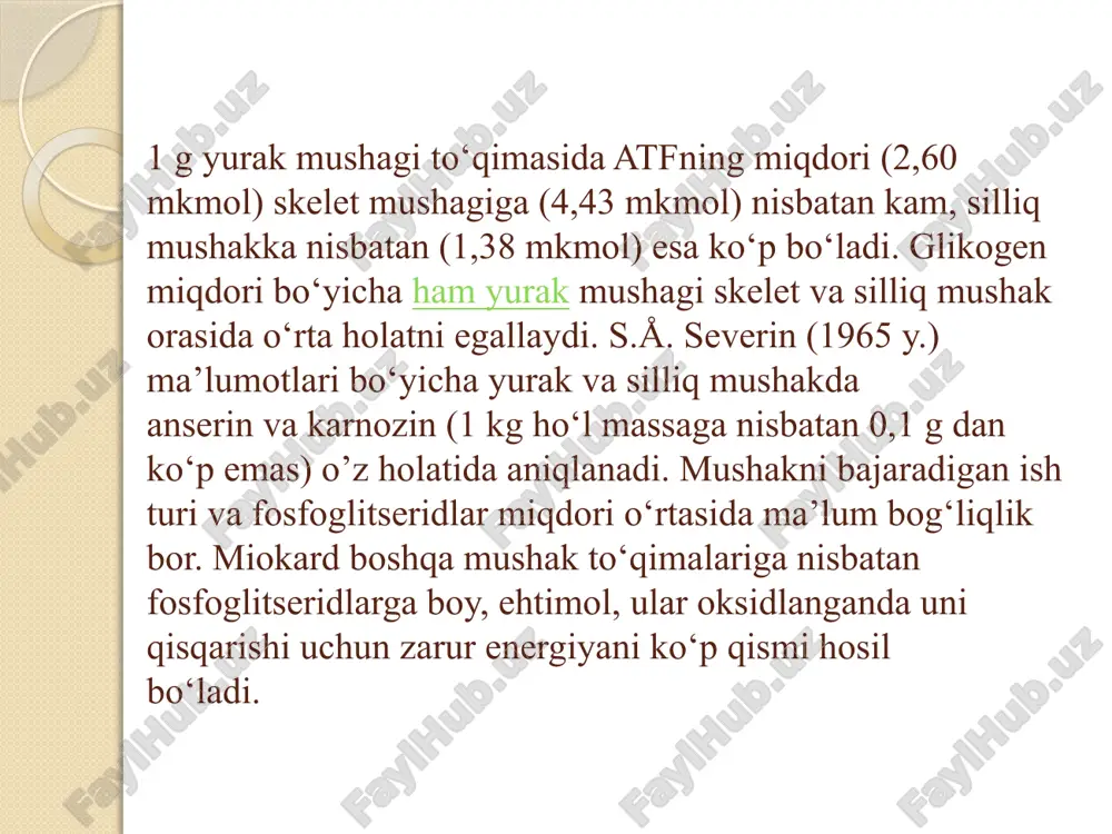 ovchi moddaning asosini tashkil etadi. tana vaznini taxminan 50%ni tashkil etadi. biriktiruvchi to‘qimaning mexanik va ushlab turuvchi vazifasi hujayra tashqarisidagi erimaydigan iplar hisobiga amalga oshiriladi. ular matriksga botib turuvchi yuqori polimer birikmalardan tashkil topgan bo‘lib, asosiy modda deb yuritiladi. erimaydigan iplar va eruvchan matriksning sinteziga javobgar hujayralar – xondrotsit va fibroblastlardan tashqari makrofag, semiz hujayralar va kam miqdorda differensiyalanmagan turdagi hujayralar biriktiruvchi to‘qima hujayralariga kiradi. yurakning qiyosiy morfologiyasi. yurak qon tomirlari sistemasi toʻla rivojlangan hayvonlarda boʻladi. tuban darajali hayvonlardan yomgʻir chuvalchangida yurak vazifasini halqasimon tomirlar, daryo qisqichbaqasida yurak va yurak atrofidagi boʻshliq sinuslari bajaradi. koʻpchilik mollyuskalar yuragi yaxshi rivojlangan, 2 boʻlmacha va qorinchadan iborat, u faol qisqarish xususiyatiga ega. ularda yurak tomon yoʻnalgan venoz qon yurak sinuslariga, soʻngra uning jabrasiga yoʻnaladi. u yerdan kislorodga boyib yurak oddi sinusiga tushadi va yurakka oʻtadi. yurak qorinchasi qisqarishi natijasida qon hayvon tanasi boʻylab tarqaladi. xordalilardan lansetniklarda yurak vazifasini qorin aortasi bajaradi. yurak fiziologiyasi. …