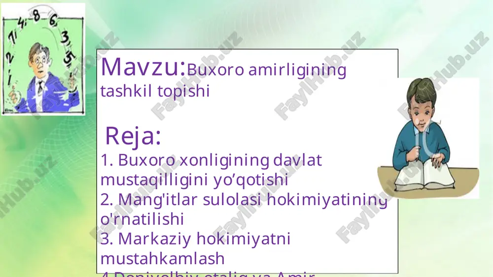 d hakimbiy 1743- yilda vafot etgan edi. uning o`g`li muhammad rahimbiy o`zining muntazam qo`shinga egaligidan foydalanib, hokimiyatda otasi kabi alohida mavqe uchun da'vogarlik qila boshladi. so`nggi ashtarxoniy abulfayzxon unga bosh vazirlik lavozimini berishga majbur bo`ldi va oxir-oqibatda markaziy hokimiyat uning qo`lida to`plandi nodirshoh 1747- yilda o`ldirilganidan so`ng eronda boshlangan ichki kurashlar muhammad rahimbiyning buxoro taxtini egallashiga yo`l ochib berdi. uning buyrug`i bilan abulfayzxon ham 1747- yili o`ldirildi.muhammad rahimbiy taxtga abulfayzning o`g`li abdulmo`minni o`tqazdi va uni o`ziga kuyov qilib oldi. ko`p o`tmay soxta xonlarni ham qatl ettirdi va 1756-yilda hokimiyatni to'la egalladi. biroq mang'itlar chingiziylar nasliga mansub emasligi tufayli o'zlarini amir deb atadilar. shunday qilib, 1756- yili buxoroda hokimiyat tepasiga yangi sulola — mang`itlar sulolasi keldi va davlatni 1920- yilgacha idora qildi. shundan boshlab buxoro xonligi endilikda buxoro amirligi deb ataladigan bo`ldi. mang`itlar 92 o`zbek qabilasining biri edi. mang`it hukmdori muhammad rahimxon (1756—1758) mamlakatda o`zining mutlaq hukmdorligini o`rnatish hamda ichki boshboshdoqlikni …