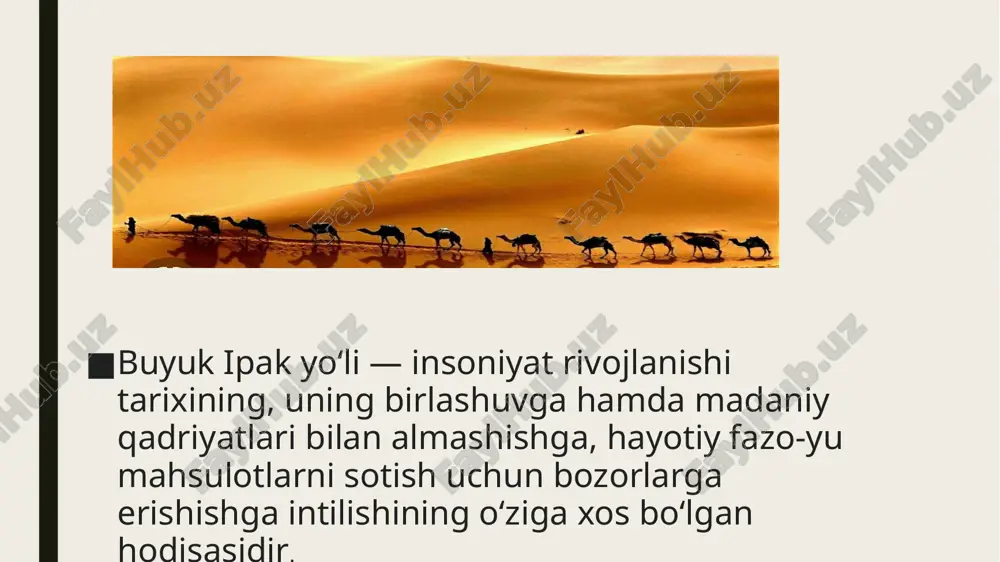 sa feruza keltirilgan. ipak yo‘lining yo‘nalishlari butun dunyoga ma’lum bo‘ldi va tez orada u orqali nafaqat karvonchilar, balki afsonaviy sayohatchilar va sarkardalar ham o‘ta boshladilar. masalan, italiyalik sayyoh va savdogar marko polo buyuk ipak yo‘li bo‘ylab sayohat qilganidan so‘ng “dunyo xilma-xilligi haqida kitob” asarini yaratdi. eʼtiboringiz uchun rahmat image1.jpeg image2.jpeg image3.jpeg image4.jpeg image5.jpeg image6.jpeg image7.jpeg image8.jpeg image9.jpeg /docprops/thumbnail.jpeg