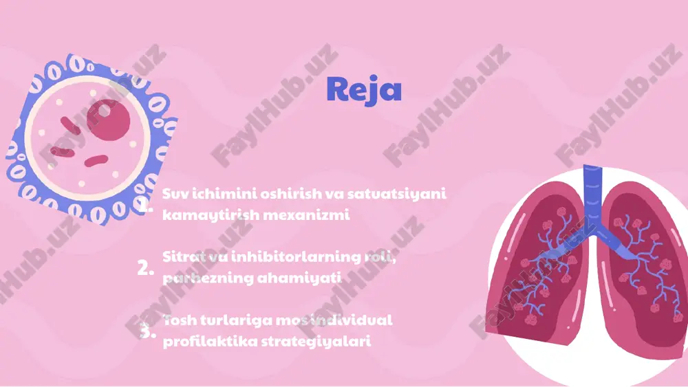 tentsiya agregatsiya kristallar bir-biriga yopishib, kattaroq tuzilmalar hosil qiladi. bu jarayon tosh hosil bo‘lishida muhimdir. retentsiya toshlar buyrakda to‘planib, uzoq saqlanadi va shu bilan tosh shakllanishi davom etadi. suv ichish va profilaktika suv ichish va saturatsiyani kamaytirish agregatsiya va retentsiyani kamaytiradi, tosh hosilini oldiradi. sitrat va uning tosh hosil bo‘lishidagi roli sitrat buyrakda tosh hosil bo‘lishining asosiy inhibitori hisoblanadi. u siydikda kaltsiy ionlari bilan bog‘lanib, kaltsiy-oksalat va kaltsiy-fosfat kristallari shakllanishini oldini oladi. aynan shu bog‘lanish natijasida kristallar yiriklashmaydi va to‘planmaydi, bu esa agregatsiyani sekinlashtiradi. klinik tadqiqotlarda limon va apelsin sharbatlari, shuningdek, kaliy sitrat tabletkalari orqali sitrat darajasini oshirish tosh hosil bo‘lish xavfini 40% gacha kamaytirishi ko‘rsatilgan. sitrat siydik ph ni ishqoriylashtirib, ayniqsa urat va sistin toshlari shakllanishining oldini oladi. neytral yoki ishqoriy muhitda ko‘plab kristallarning eruvchanligi ortadi, natijada ularning to‘planishi va cho‘kmasi kamayadi. sitrat darajasini oshirish orqali siydik ph ni 6.5–7.0 oralig‘ida ushlab turish tavsiya etiladi, bu esa toshlarning paydo …