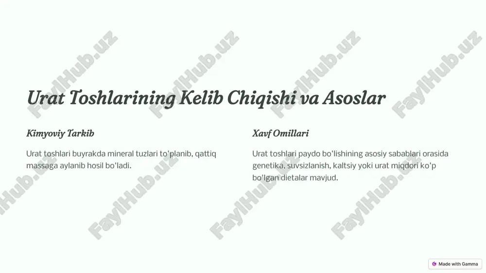 i kichik bo'laklarga bo'lishga yordam beradi. 2 jarayon jarayon og'riqsiz o'tkaziladi va bemorlarning aksariyati bir necha soat ichida uyga qaytish mumkin. 3 chiqarilish bo'laklarga ajratilgan toshlar siydik bilan chiqariladi. 6 jarrohlik yordamida toshlarni olib tashlash endoskopik jarrohlik ushbu jarrohlik usuli minimal invaziv bo'lib, kichik kesma orqali endoskop kiritiladi. jarayon endoskop yordamida toshni olib tashlash yoki maydalash imkoniyati mavjud. qayta tiklanish jarrohlikdan keyin bemor tez tiklanadi va odatda bir necha kun ichida uyga chiqariladi. 7 urat toshlarini oldini olish uchun maslahatlar 1 suv kuniga yetarli miqdorda suv ichish. 2 oziqlanish to'g'ri va muvozanatli oziqlanish. 3 harakat muntazam ravishda jismoniy mashqlar qilish. 4 nazorat shifokor tomonidan muntazam tekshiruvlardan o'tish. 8 image1.png image2.png image3.png image4.png image5.png image6.png image7.png image8.png image9.png image10.png image11.png image12.png image13.png image14.png